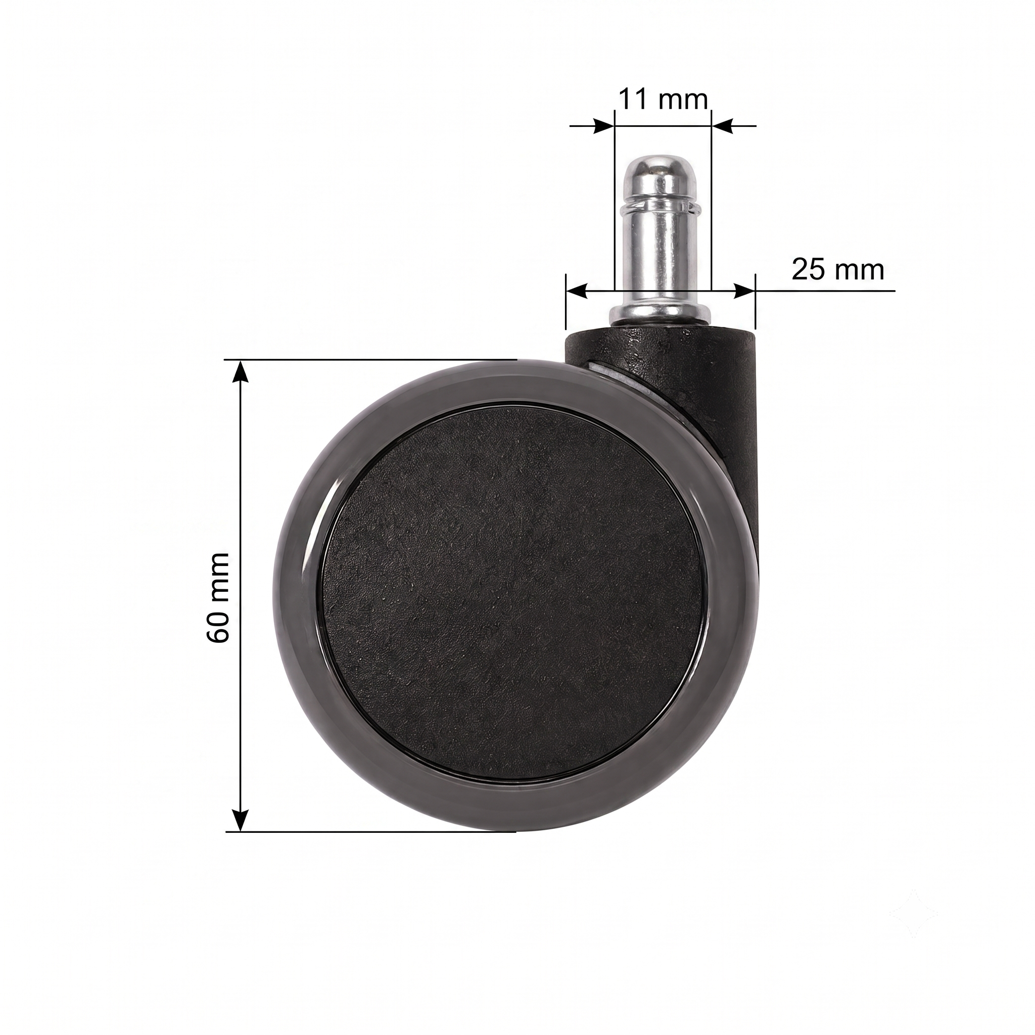 Hjulsats för kontorsstol 60 mm, mjuk bana, 11 mm tapp (5 st)
