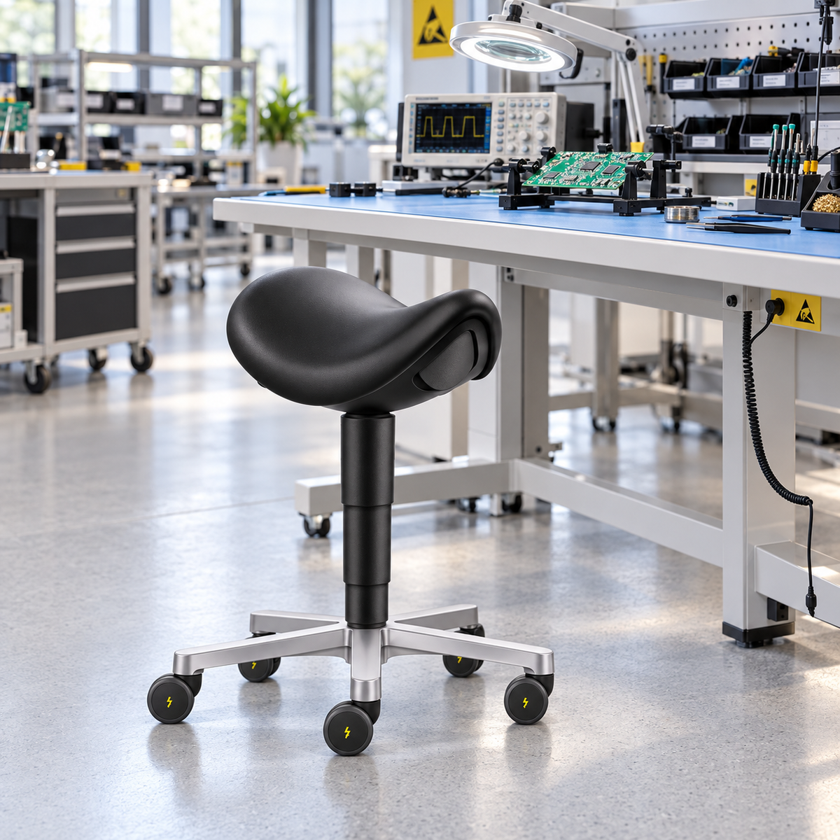 ESD Stool sadelstol, svart konstläder