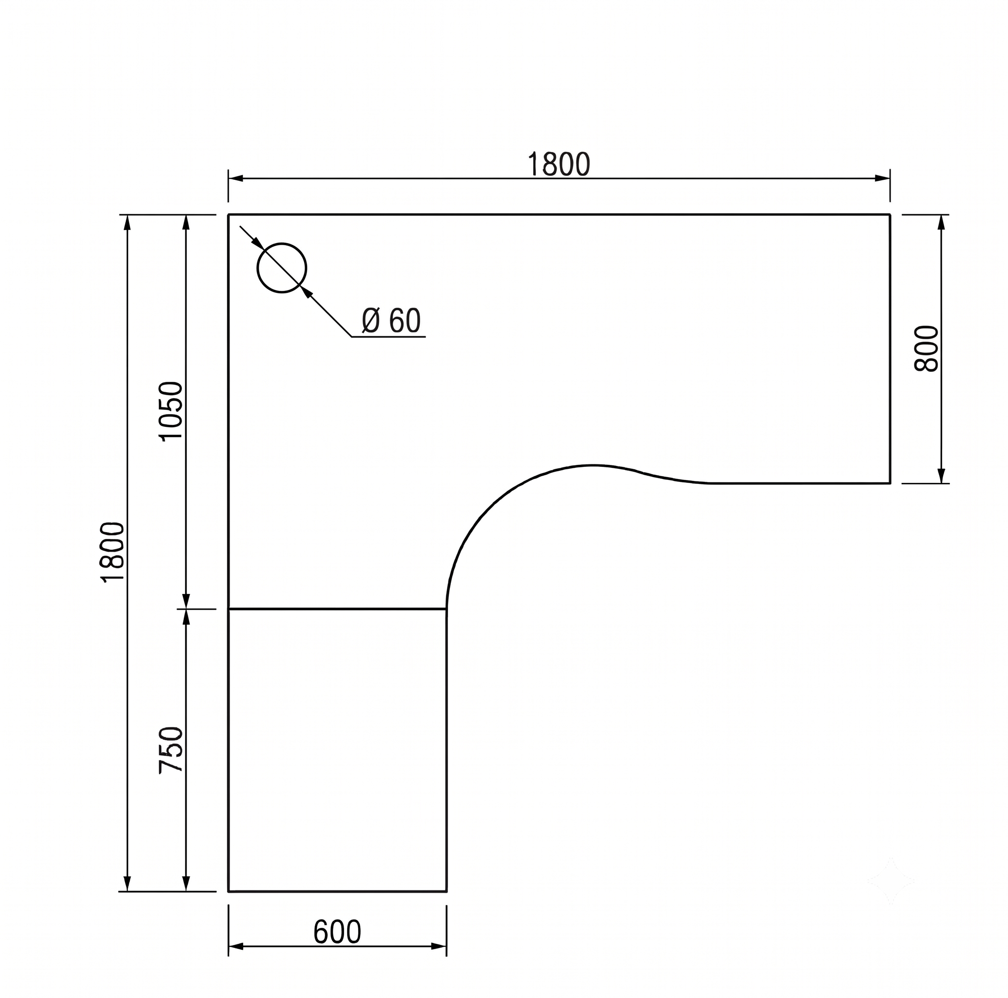 Bordsskiva (L-formad) 1800 × 1800 × 800/600 mm – vit