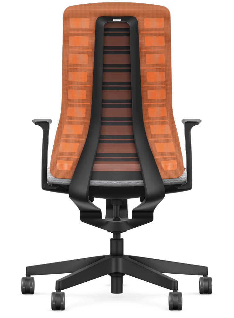 PURE ACTIVE Edition #09 chair with orange mesh back and Smart-Spring technology, ergonomic design with fixed T-armrests and 4D armrest option.
