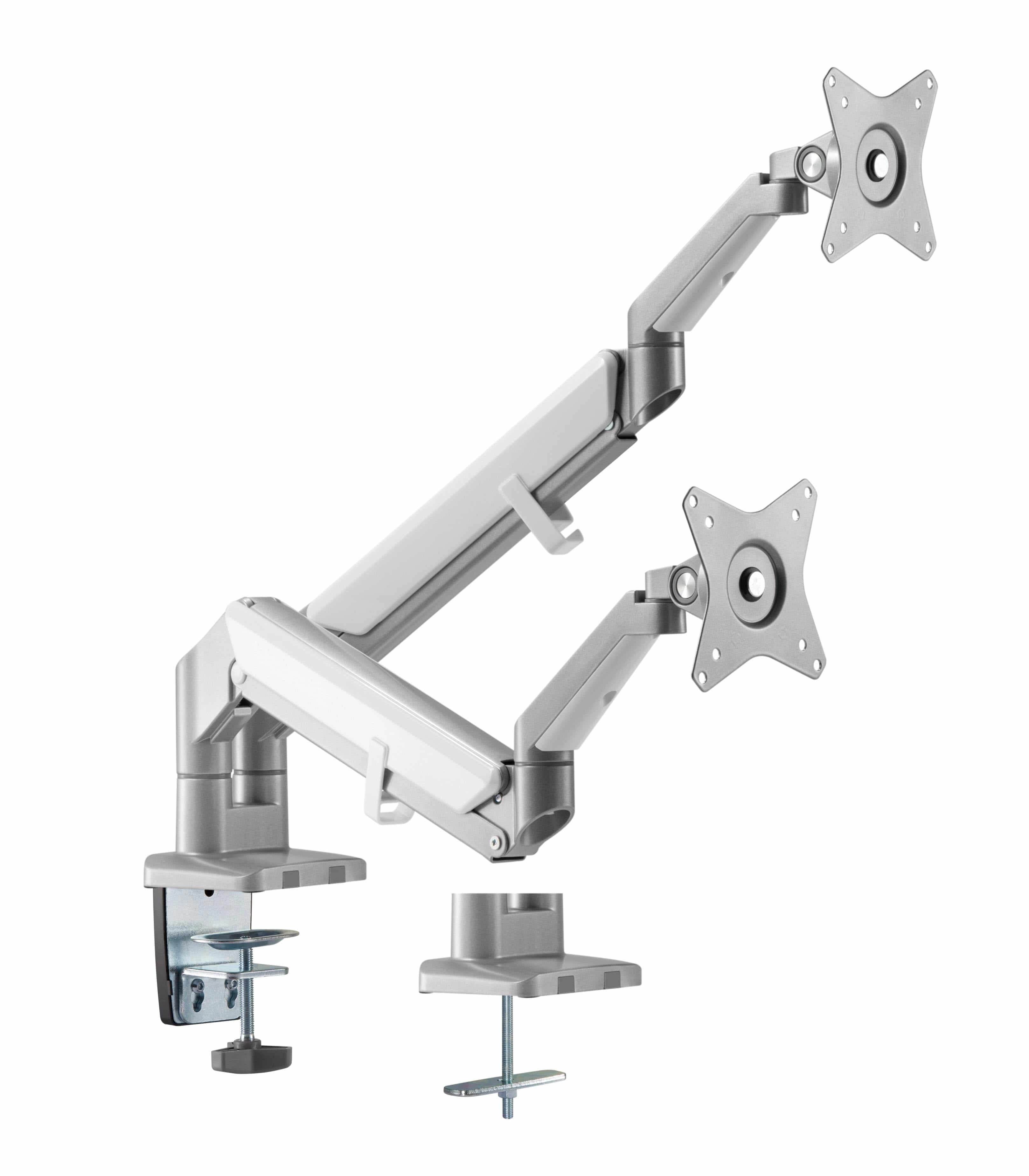 Dual monitor arm with gas spring, grey finish, designed for two screens, featuring secure clamps and adjustable arms.