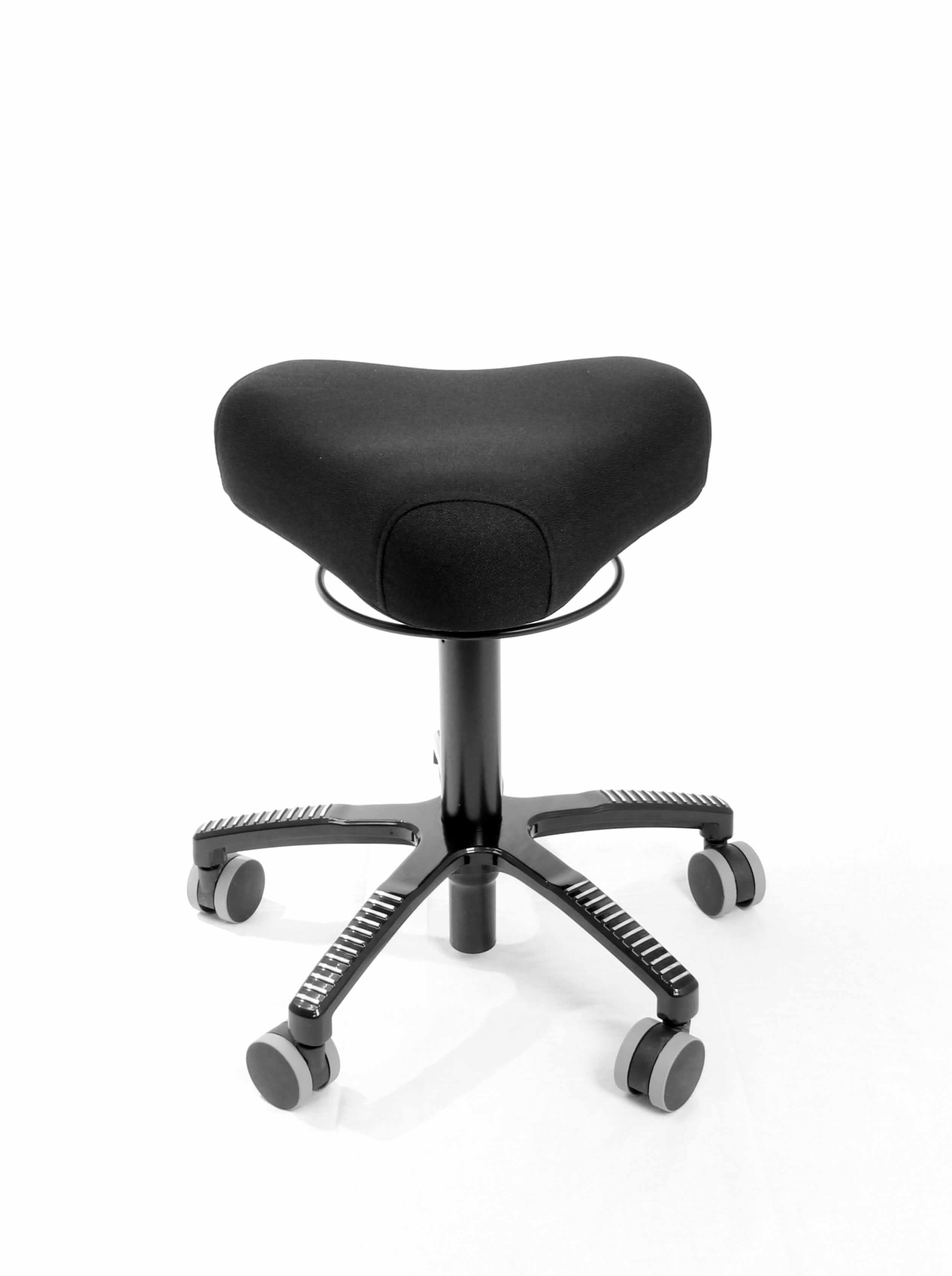 Black Bermuda chair with triangular seat, soft cushioning, artificial leather upholstery, ergonomic design on wheels for easy movement.