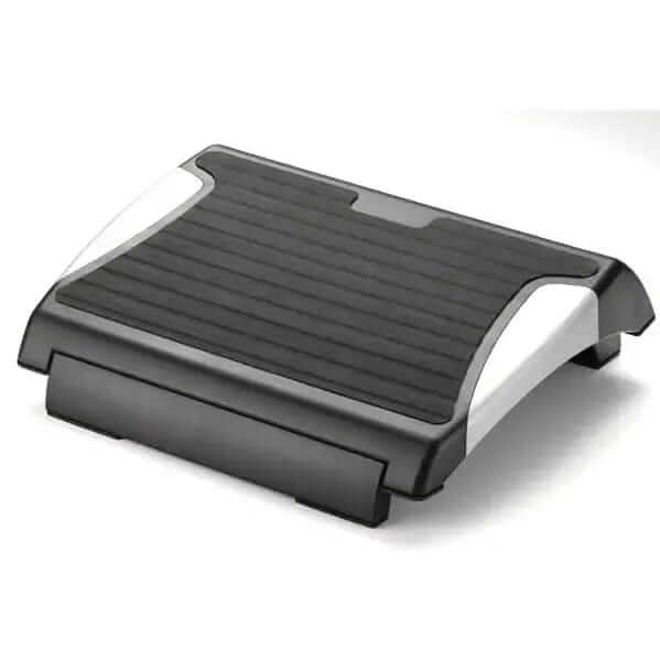 Adjustable ergonomic foot support with black and silver design.
