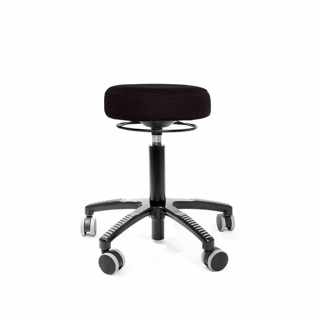 Monika chair with black fabric seat, ergonomic design, and durable castors on an aluminium base for comfort and mobility.