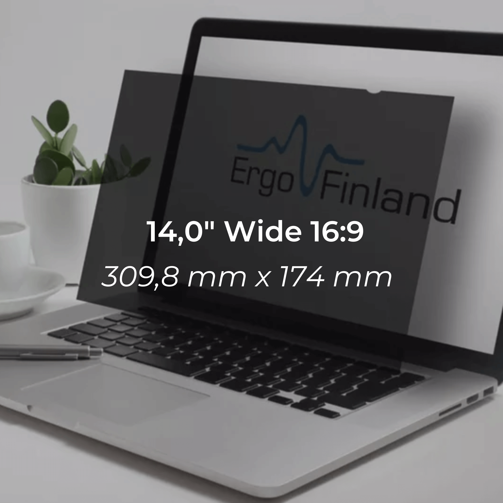 Privacy filter for 14.0" wide 16:9 screen on a laptop, featuring easy attachment, scratch protection, and glare reduction.