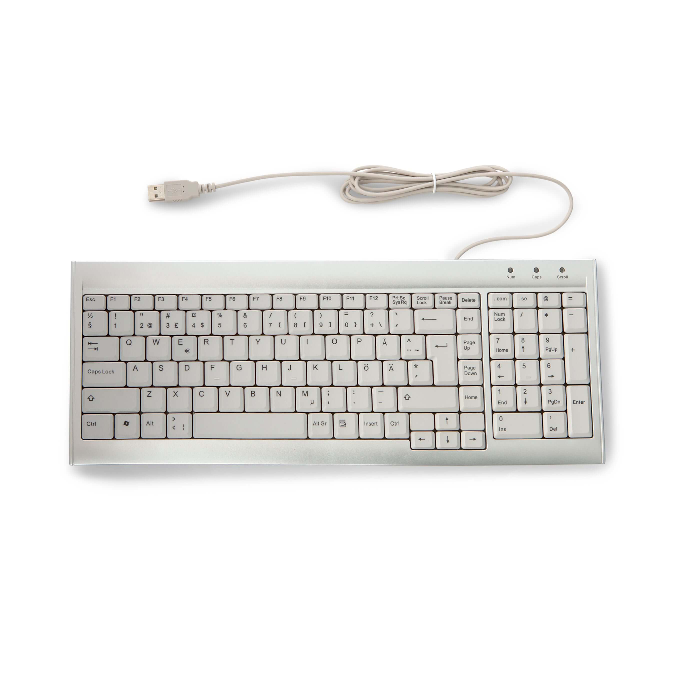 Compact silver ErgoFinland Efficient Keyboard with USB connection, featuring oversized keys for enhanced comfort and ease of use.