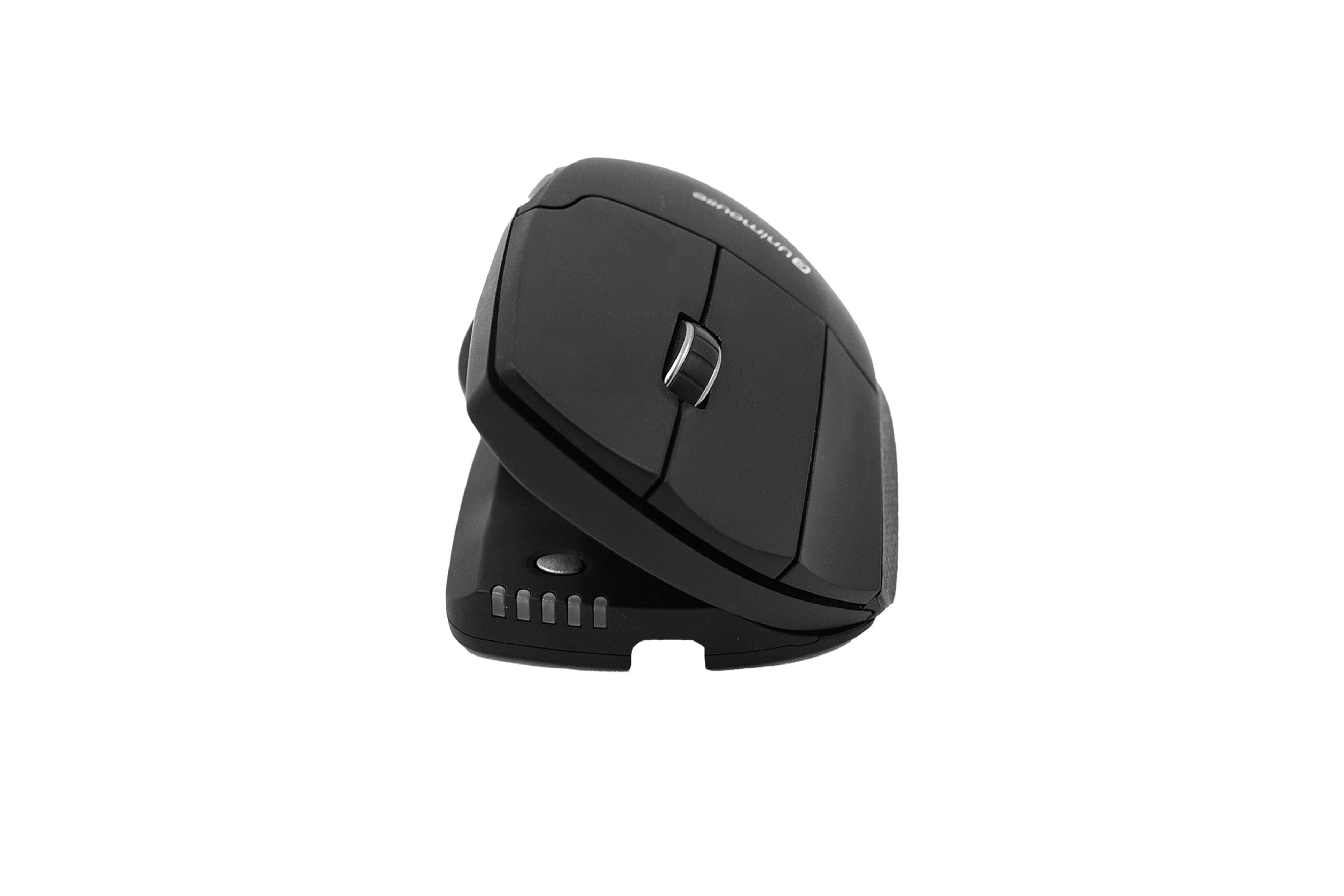 Ergonomic Unimouse, left-hand wireless design with adjustable angle and six programmable buttons for optimal comfort and control.