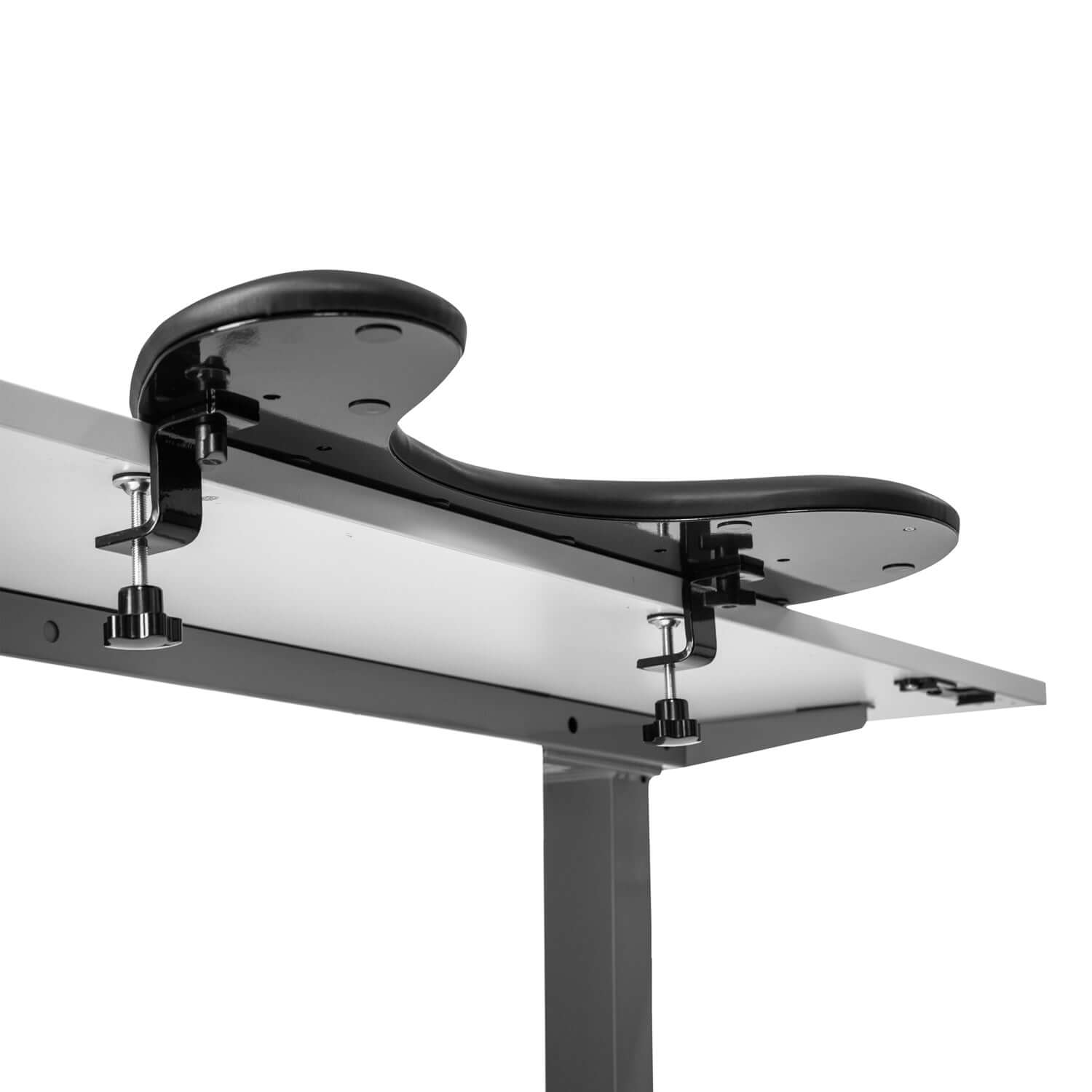 Black ergonomic arm support mounted on table, faux leather finish, 68.5 cm, fits 3 cm thick surfaces, viewed from underside.