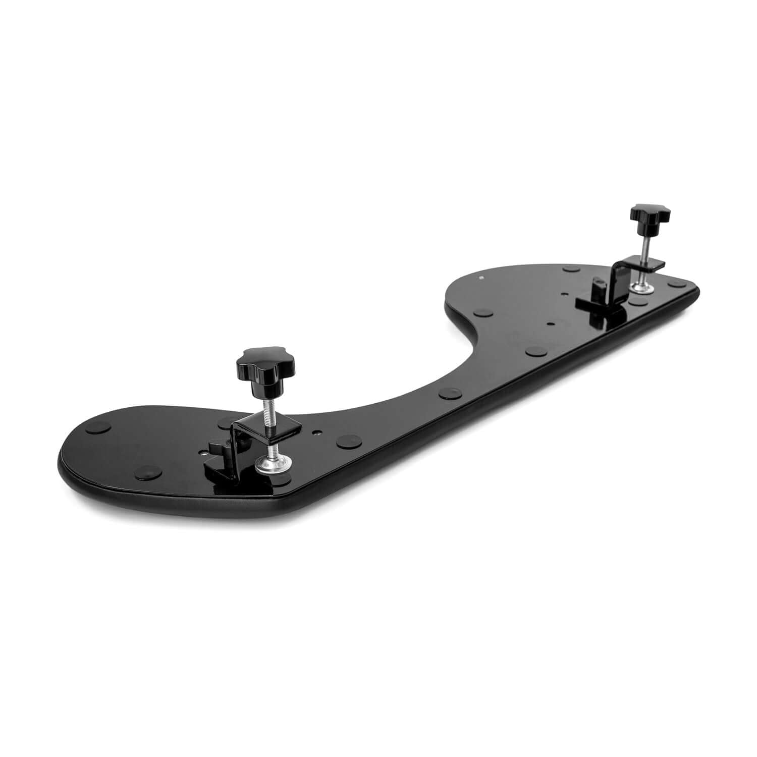 Black ergonomic armrest bracket for comfortable support on table tops.