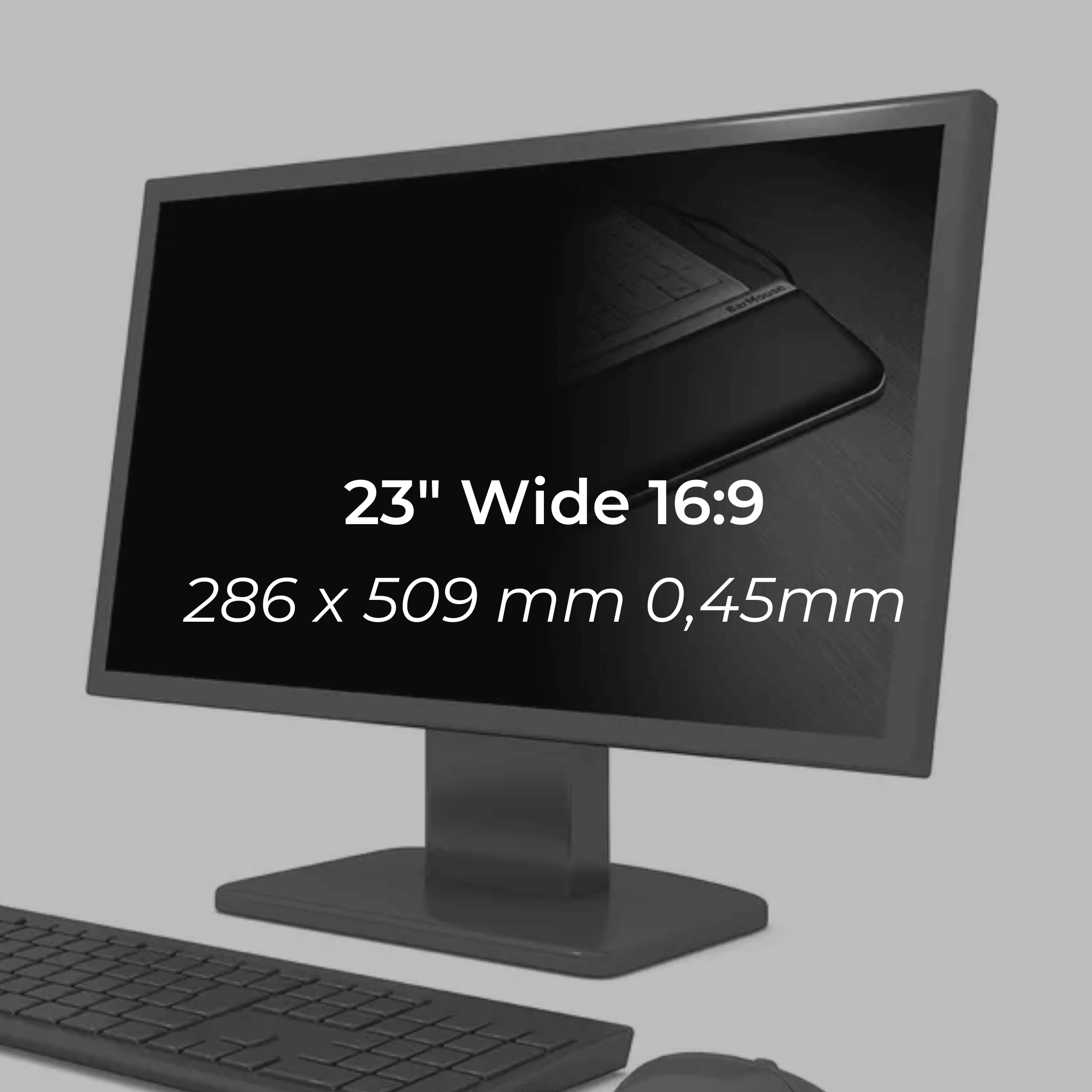 Privacy filter for 23" widescreen monitor, 16:9 ratio, 286 x 509 mm, reduces glare and protects screen from scratches.