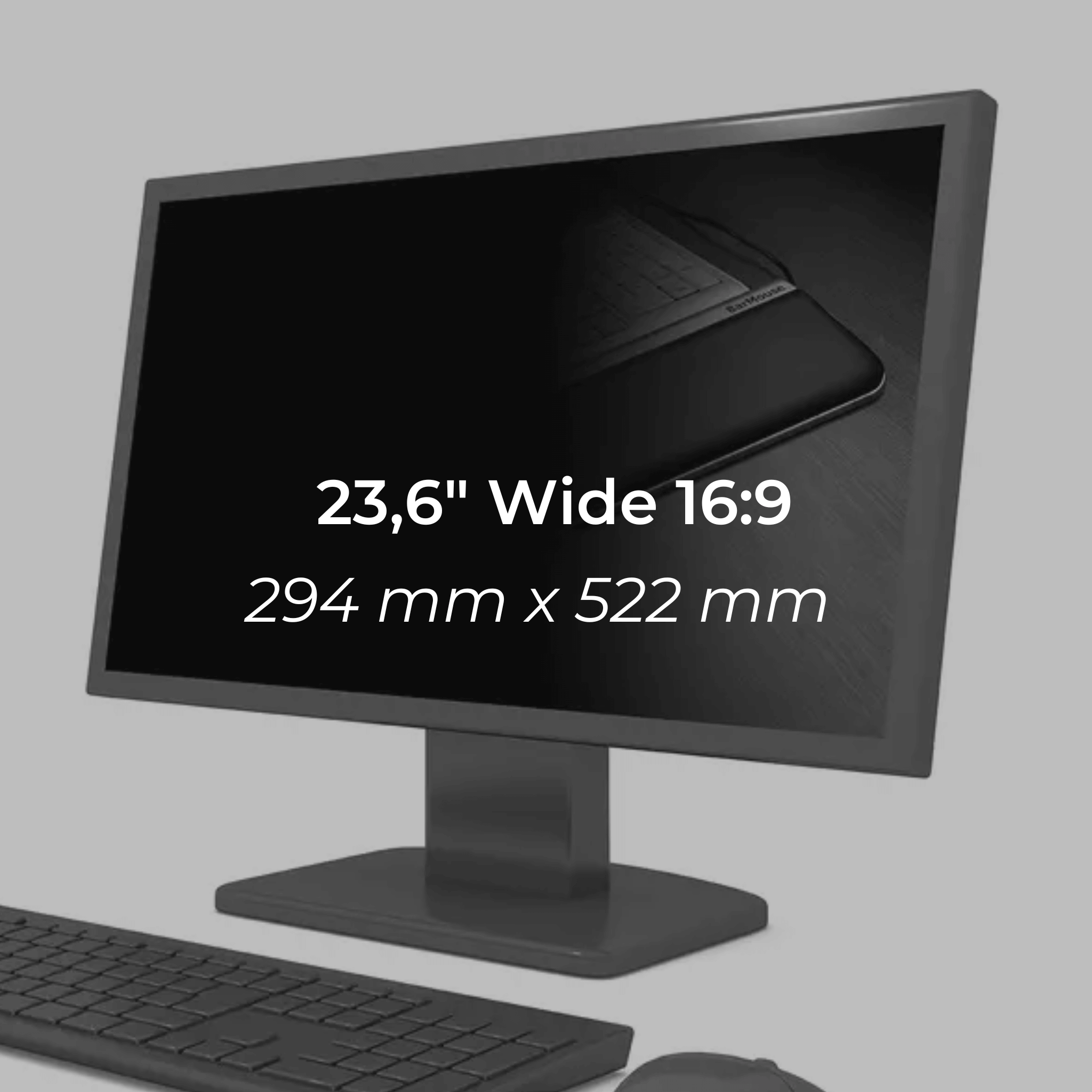 Privacy filter for 23.6" wide monitor, 16:9 aspect ratio, shown with simple attachment on screen, enhances privacy and reduces glare.