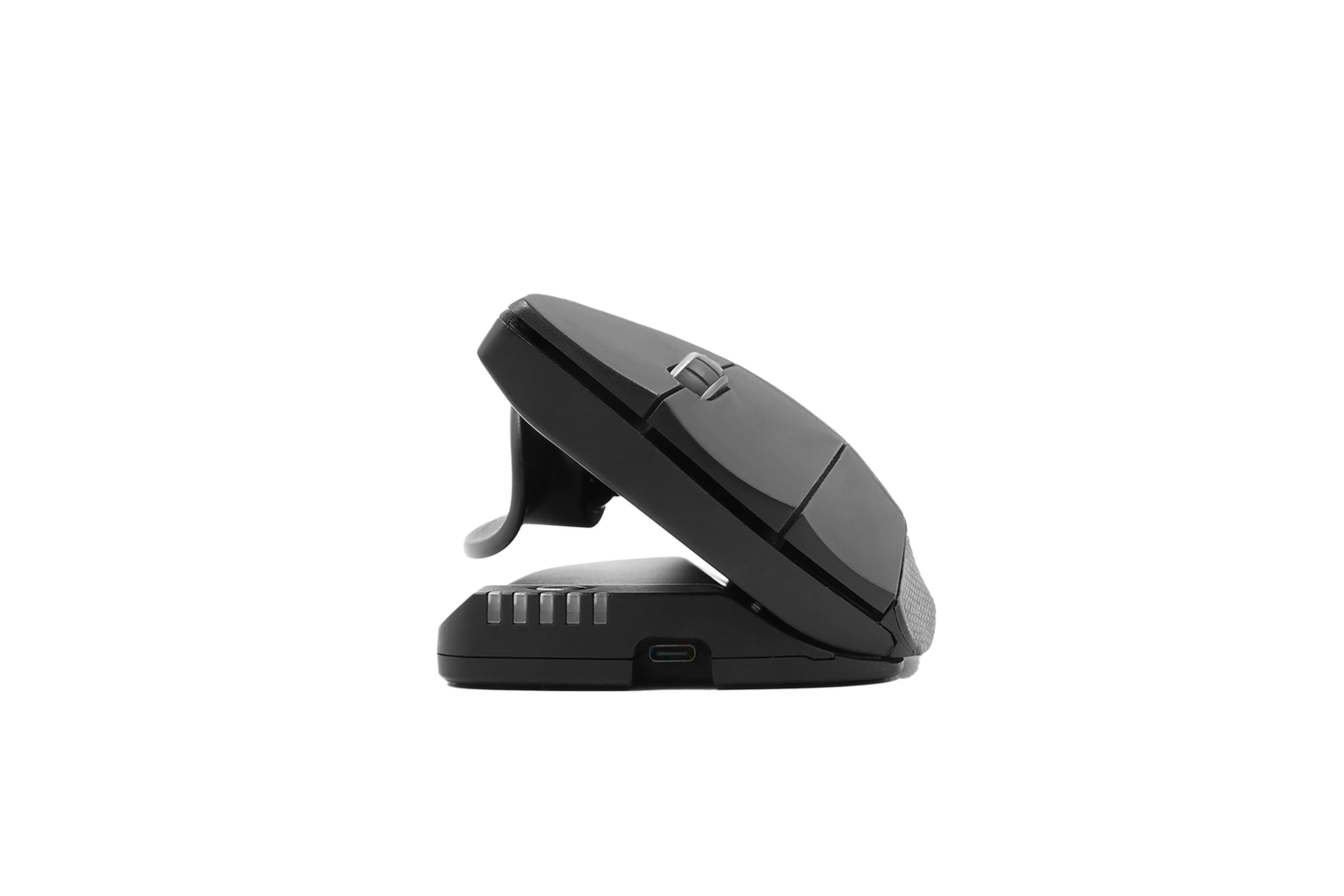 Side view of Unimouse, a left-handed wireless ergonomic mouse with adjustable angle and 6 programmable buttons.