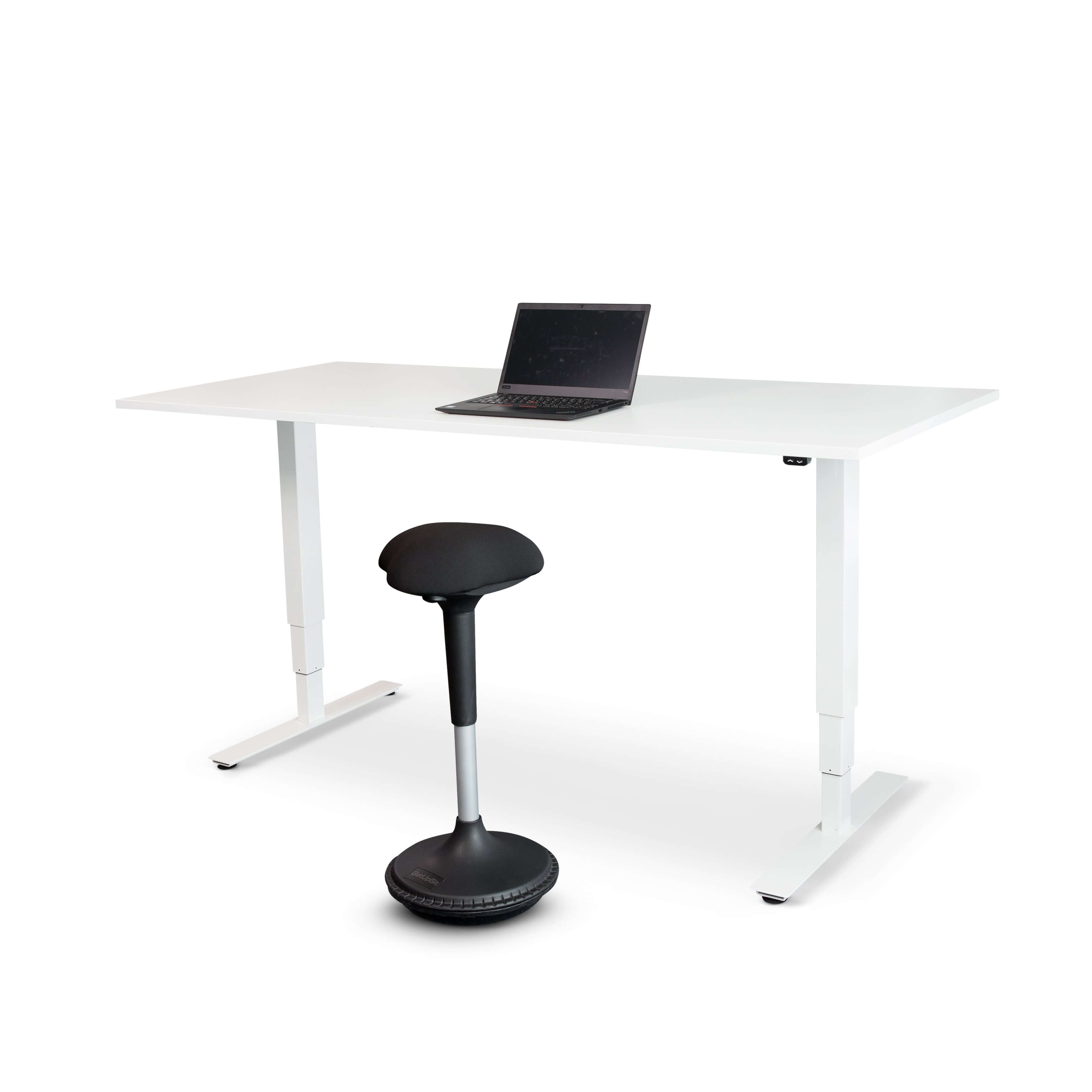 Black GetUpSit active chair paired with a white adjustable desk in a modern workspace setting.