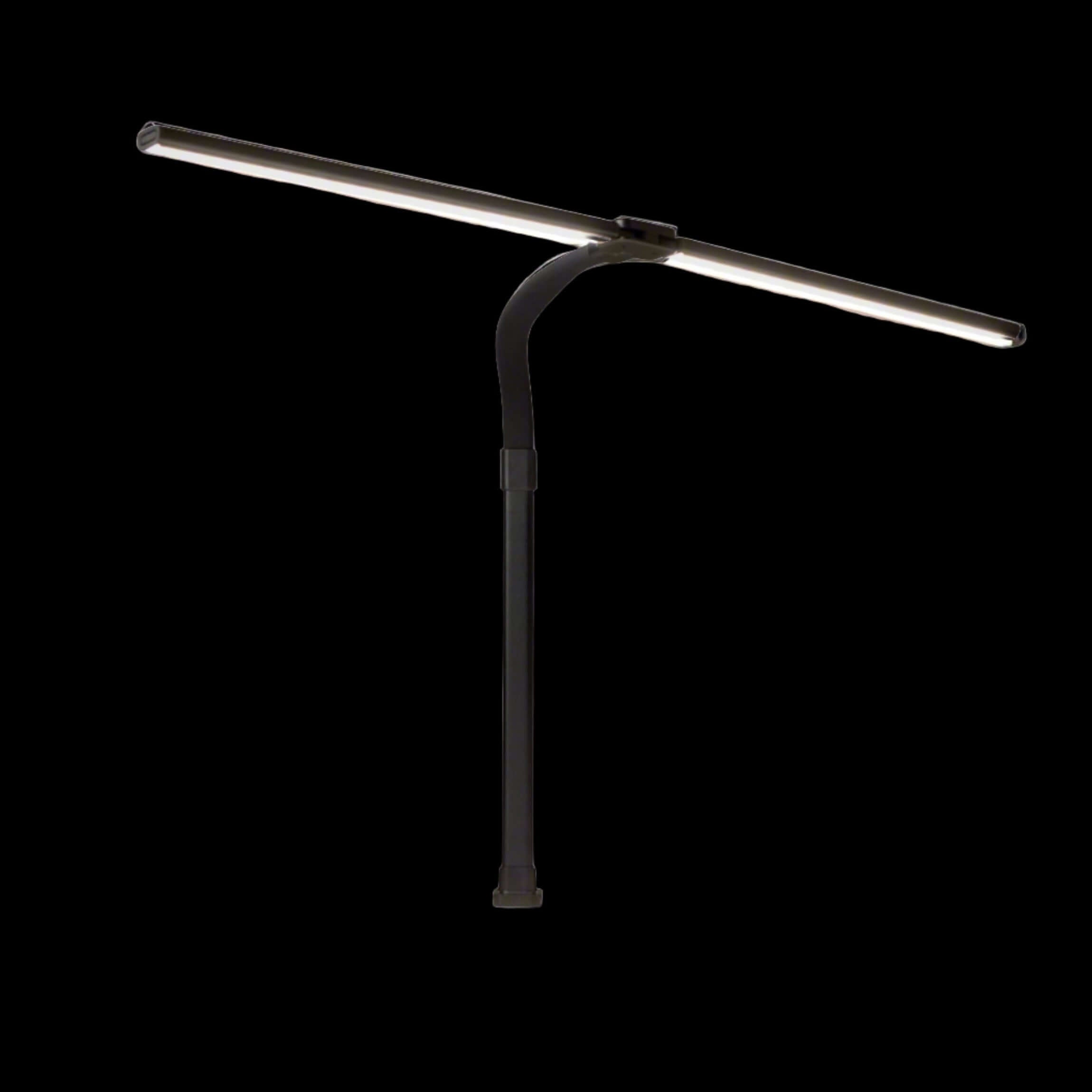 Adjustable black LED desk lamp with dual light heads for customizable workspace illumination.