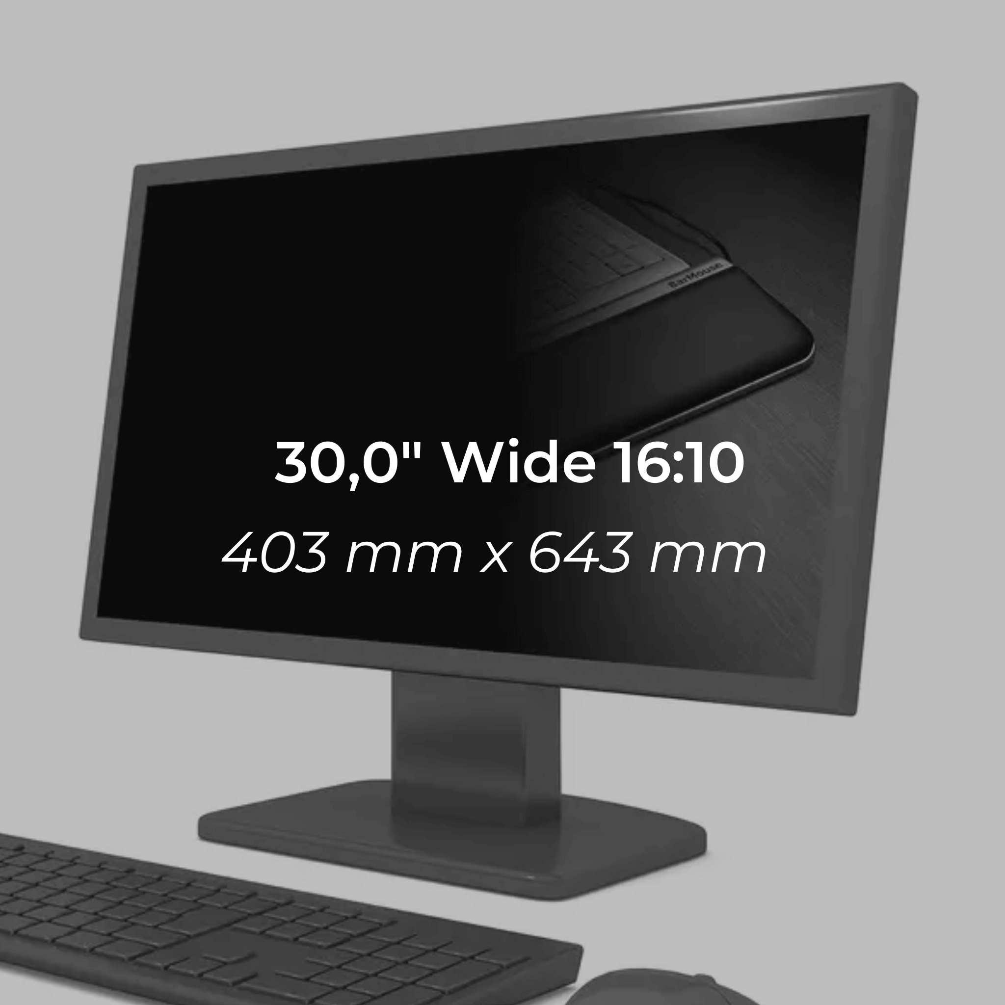 30.0" wide 16:10 privacy filter on monitor with keyboard and mouse setup, protects screen information and reduces glare.