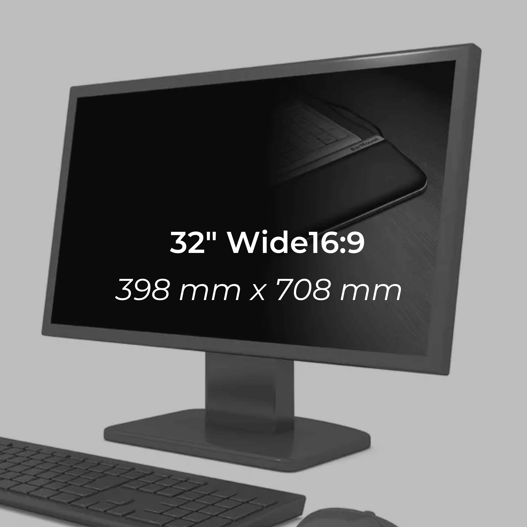 Privacy screen filter for 32-inch monitor, 16:9 aspect ratio, 398 mm x 708 mm dimensions, shown on a desktop setup.
