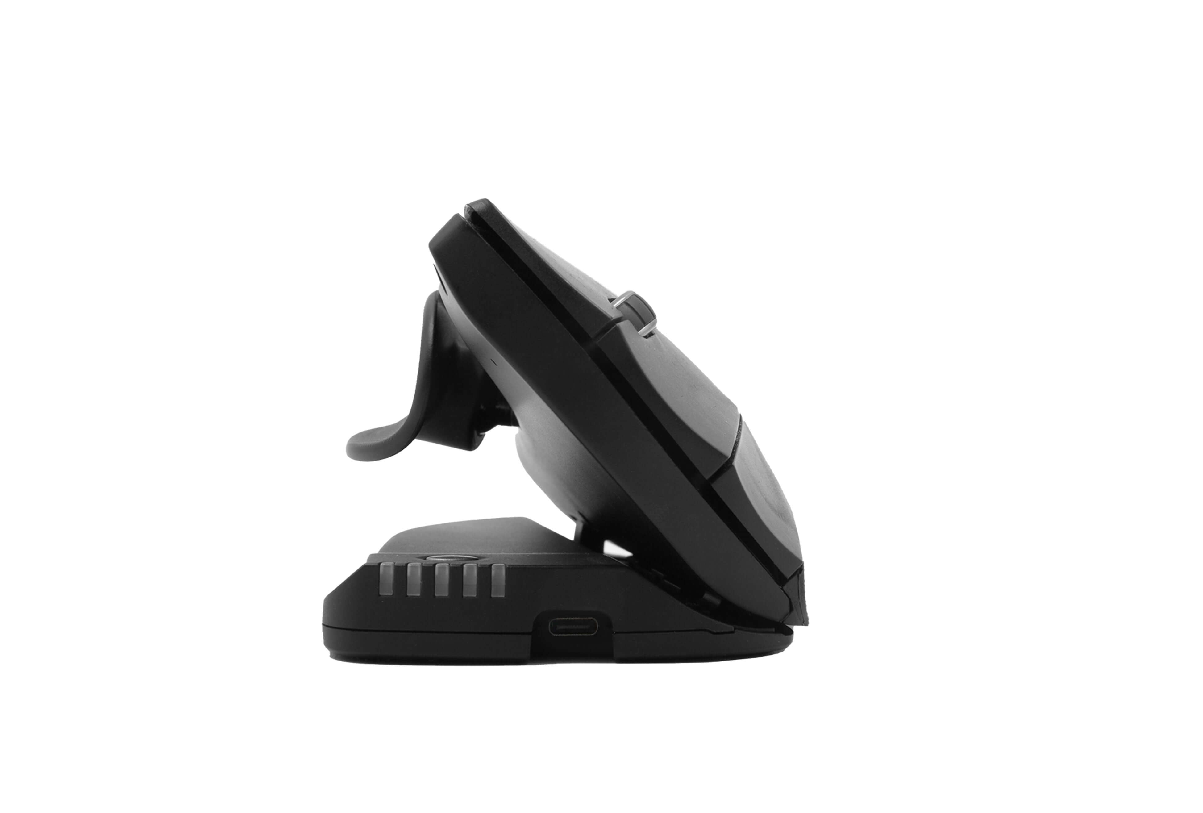 Wireless Unimouse with adjustable angle for ergonomic comfort, side view showcasing the patented articulated hinge and programmable buttons.