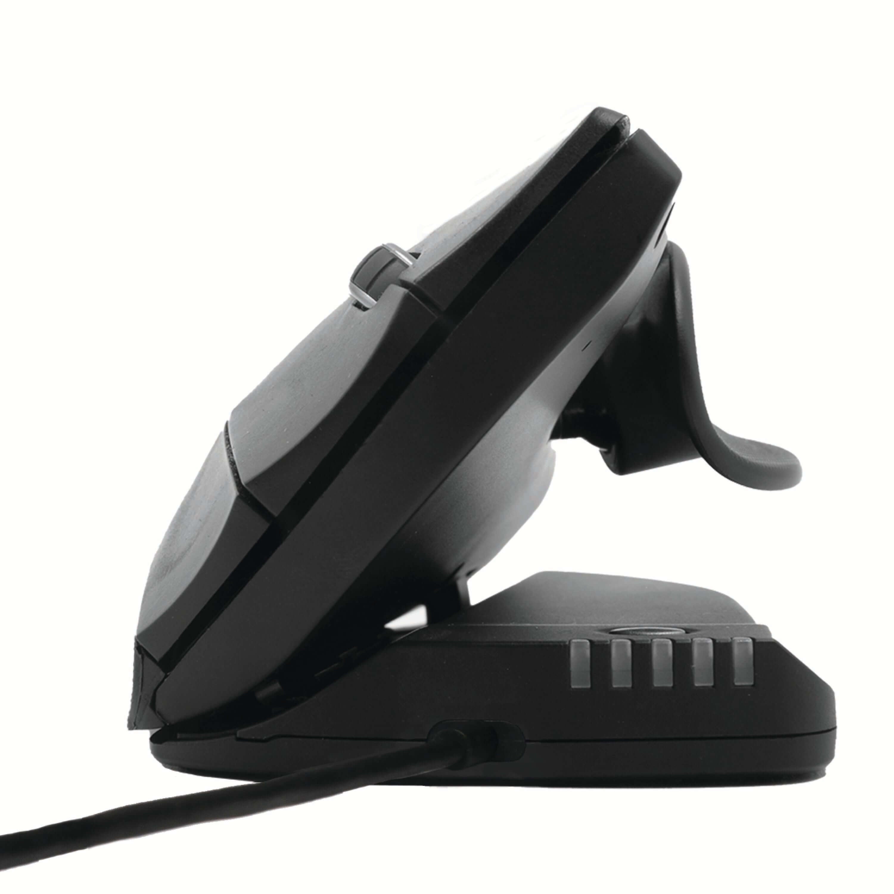 Side view of Unimouse wired ergonomic mouse, showcasing adjustable hinge and friction-based locking system for customizable comfort.