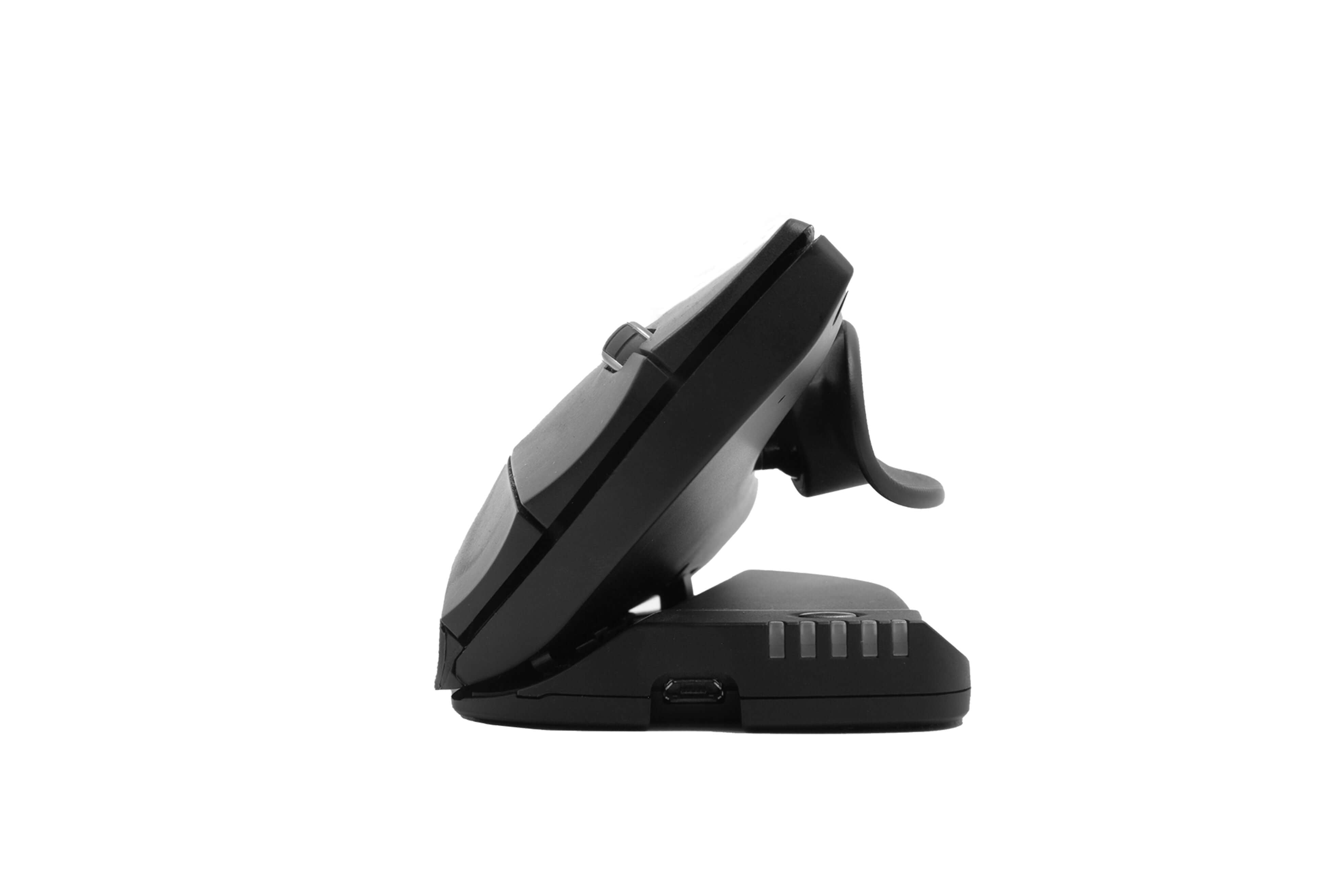 Wireless Unimouse side view showcasing ergonomic design and adjustable hinge for customizable comfort and reduced wrist strain.