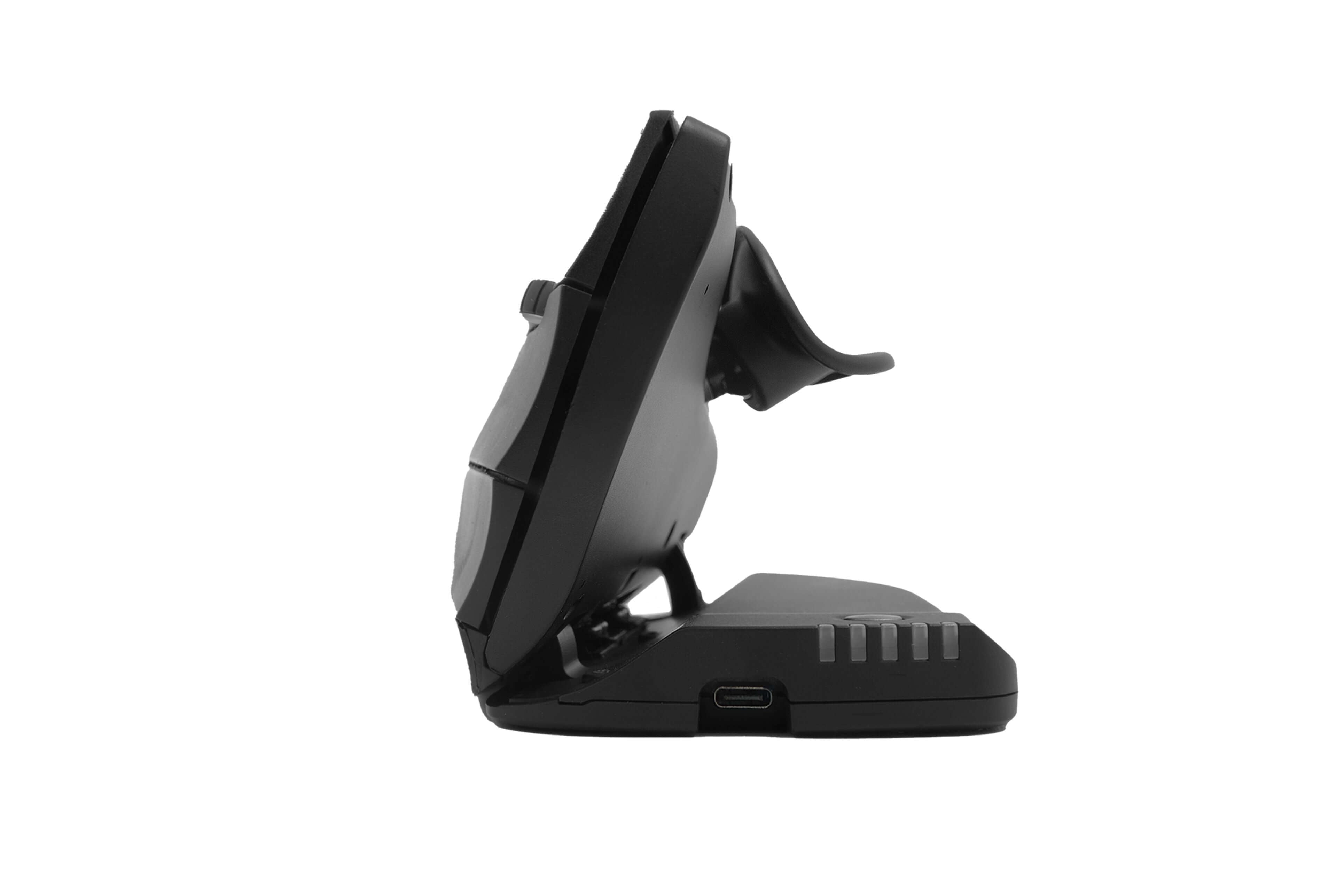 Side view of Unimouse wireless ergonomic mouse with adjustable angle and 6 programmable buttons for enhanced comfort and usability.