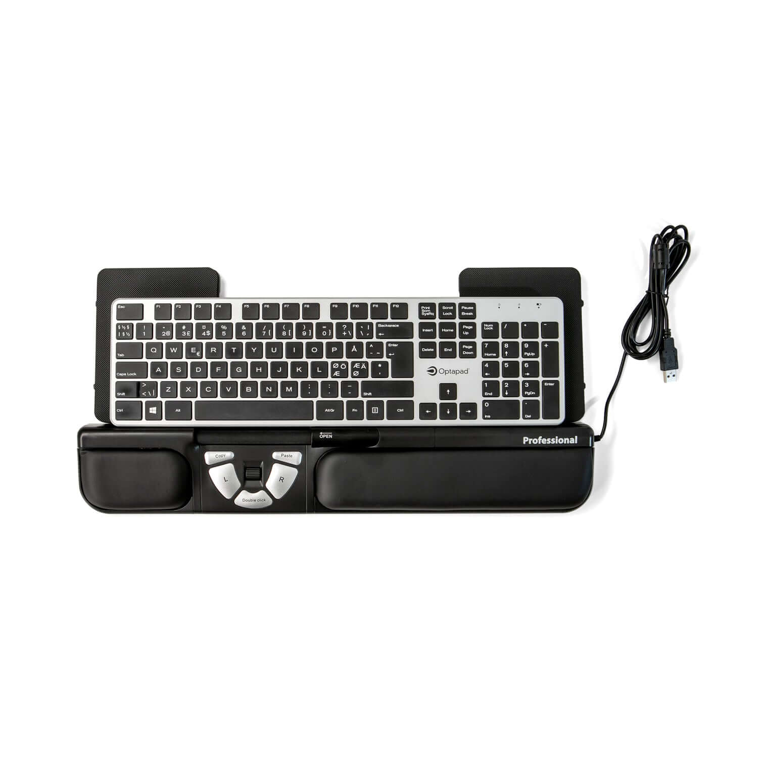 Professional central wired mouse with ergonomic design, featuring keyboard integration for optimized workspace and reduced strain.