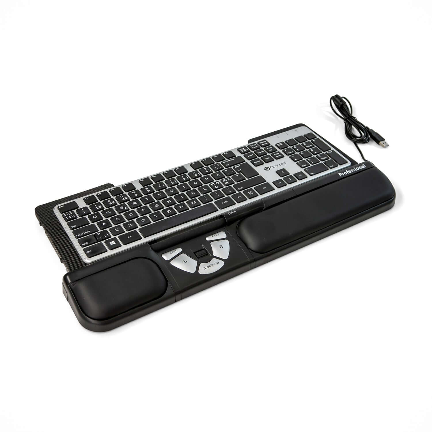 Professional central mouse with keyboard, wired ergonomic design for reduced muscle strain, black ErgoFinland mouse control.