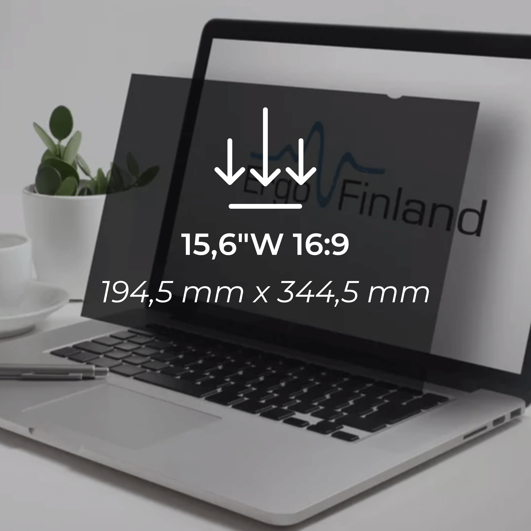 Privacy filter for 15.6" wide 16:9 screens; self-adhesive, glare reduction, scratch protection; shown on laptop screen.