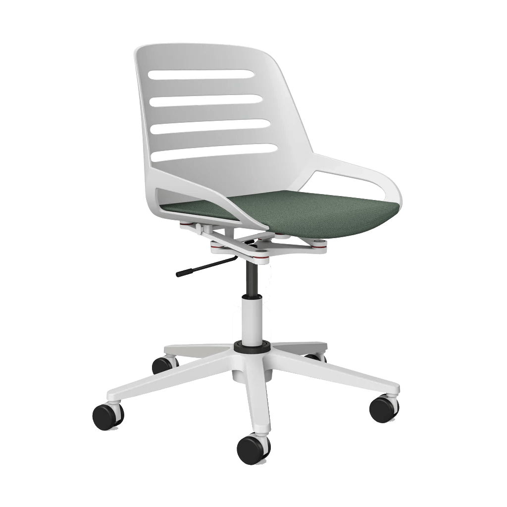 Modern white office chair with green seat cushion and wheels, ergonomic design suitable for home or workplace use.