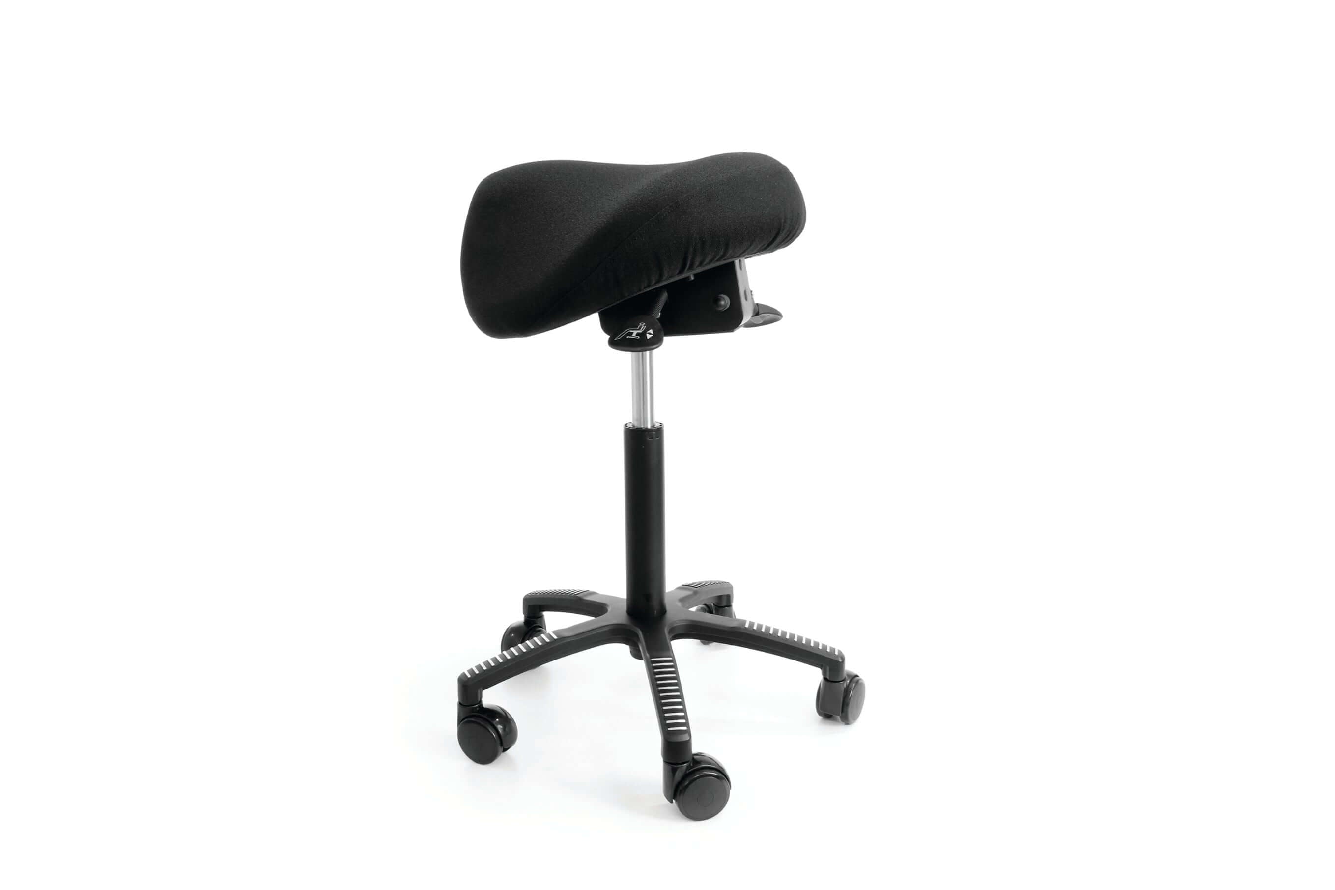 Soft saddle chair with black fabric upholstery, adjustable seat tilt, and durable wheels for ergonomic support.