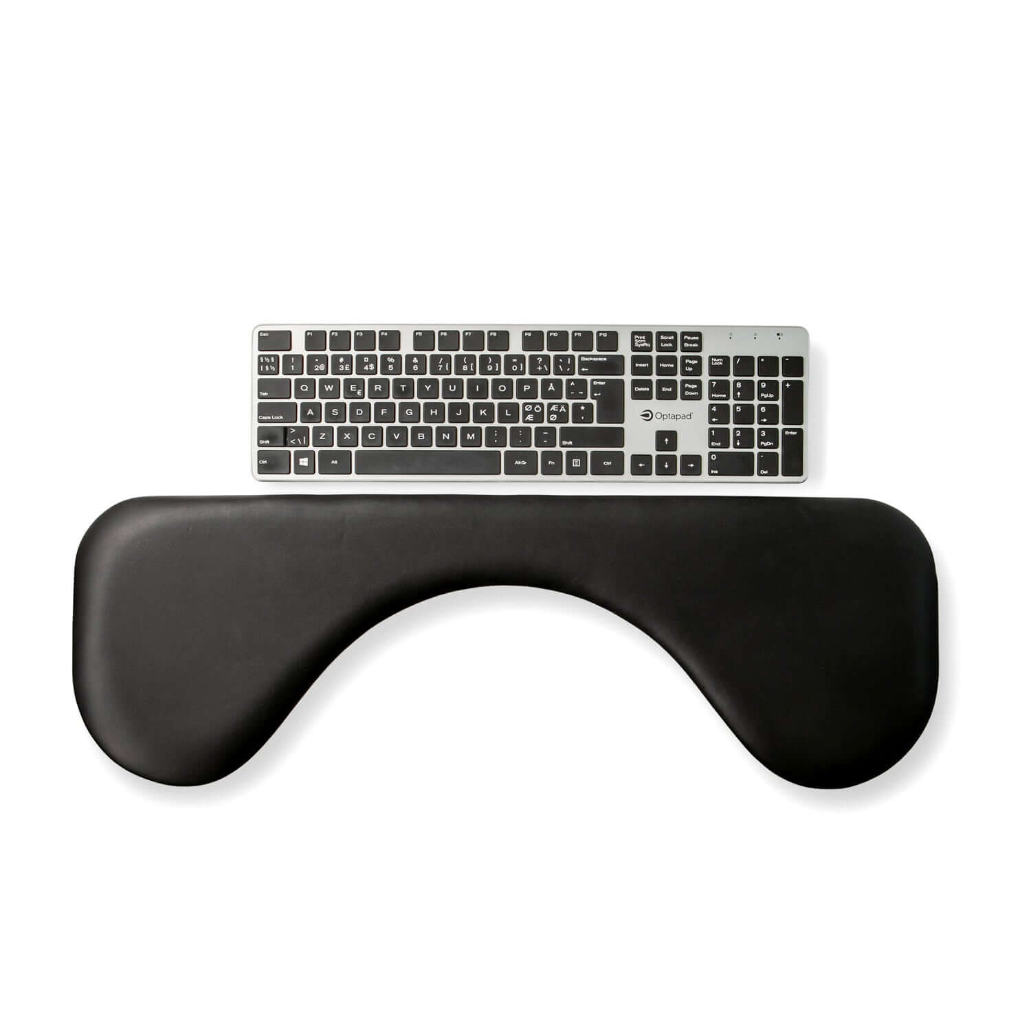 Symmetric arm support in artificial leather with keyboard setup for ergonomic comfort.