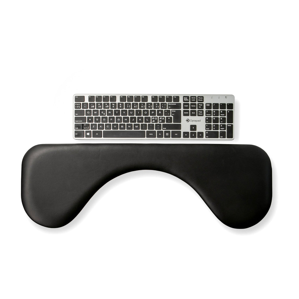 GelComfort artificial leather arm support positioned in front of a keyboard to show typing posture