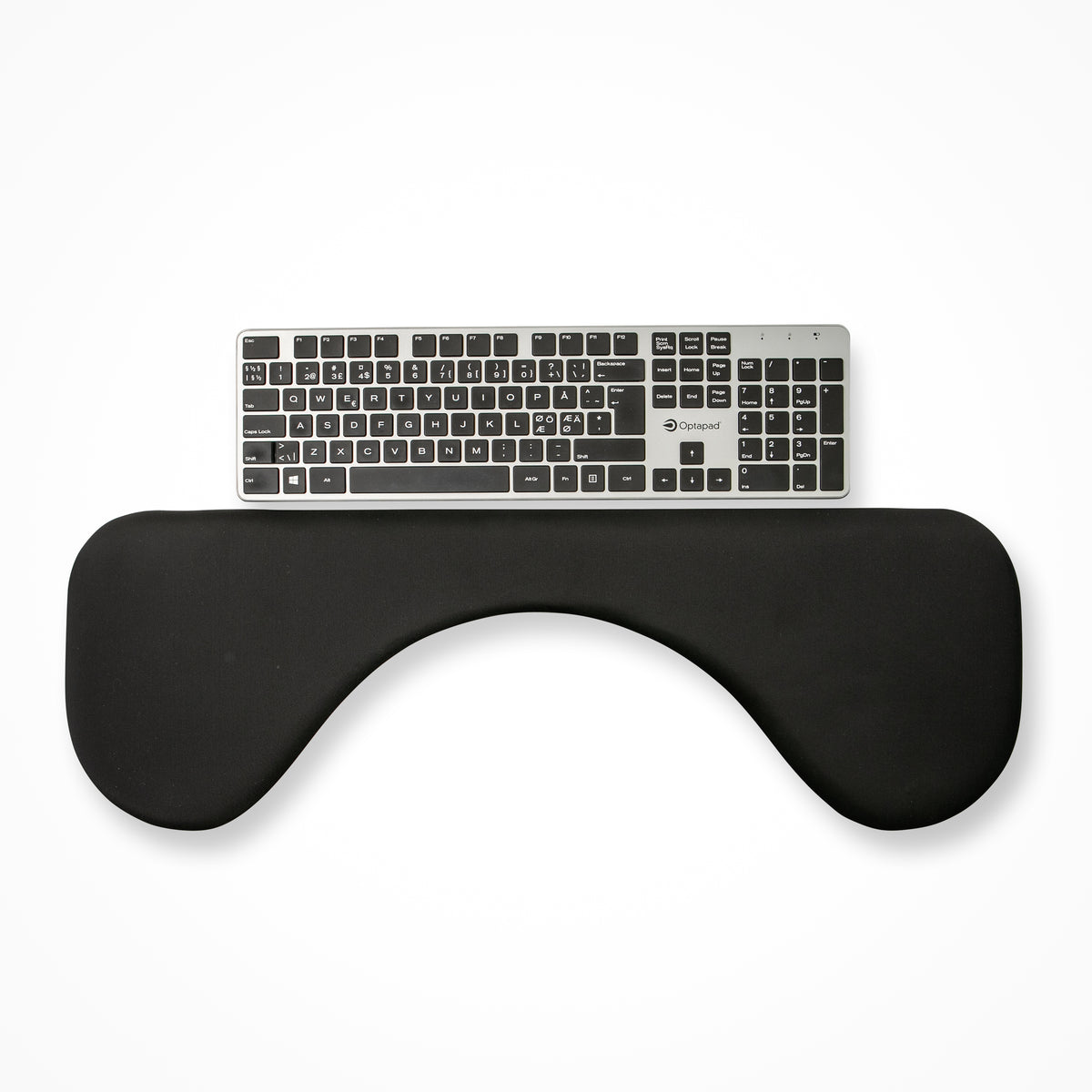 GelComfort symmetric arm support in Lycra positioned in front of a keyboard to show typing posture