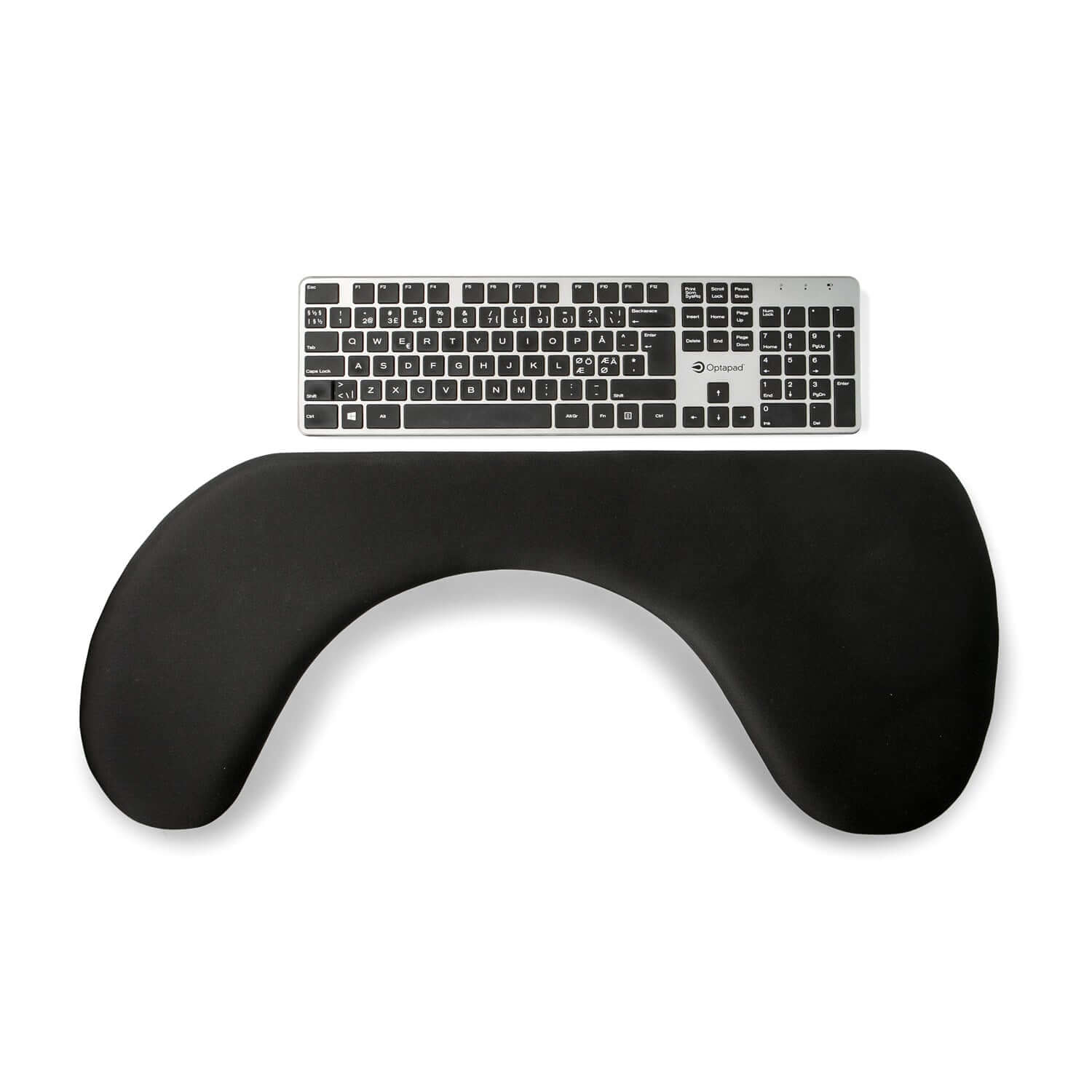 Ergonomic asymmetric arm support with lycra fabric, designed to relieve upper body strain, shown with a keyboard.