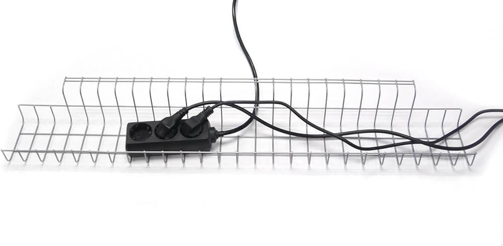 Grey Cable Trough 750mm with metal mesh design for organized cable management in offices.