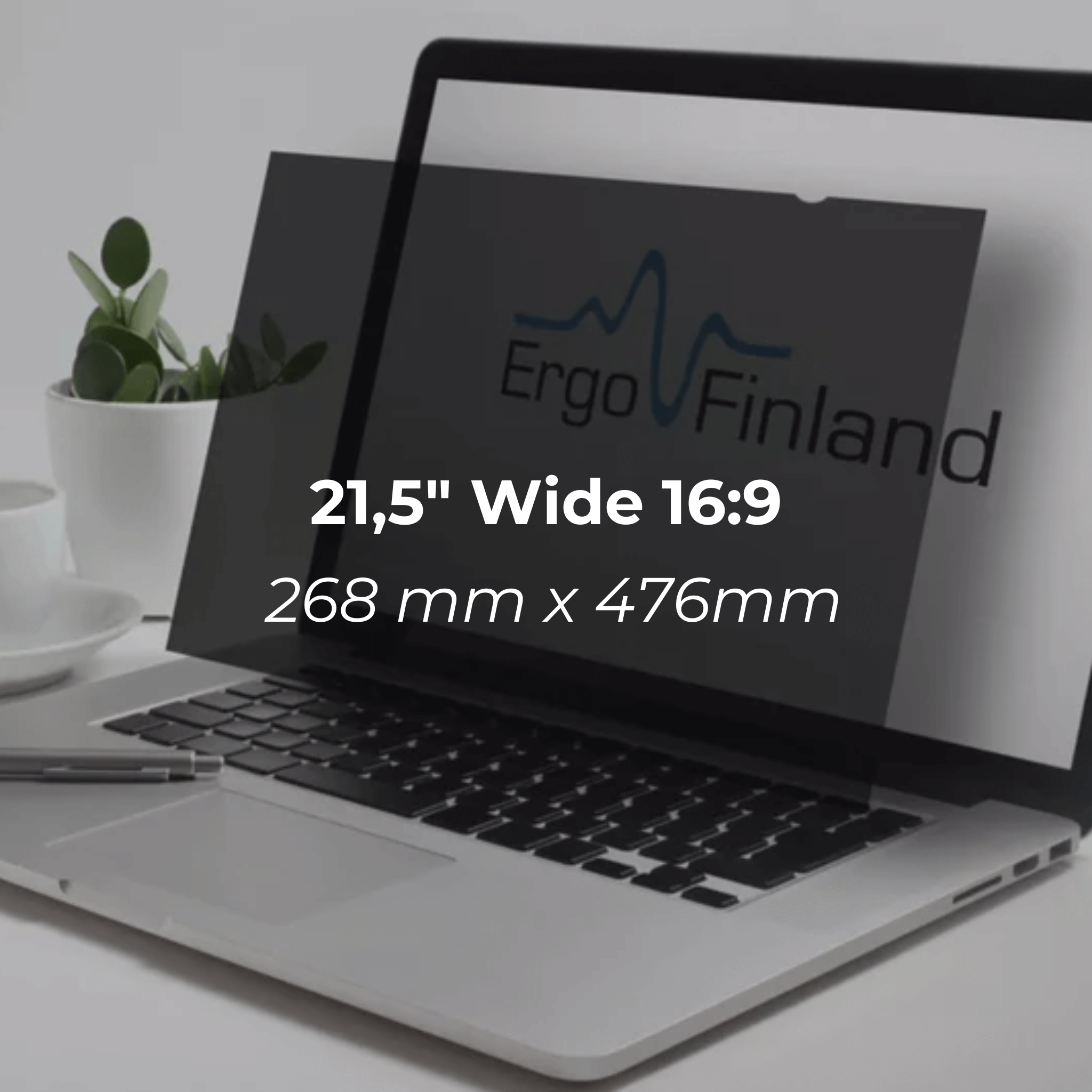 Privacy filter 21.5" wide 16:9 screen protector on laptop, enhancing privacy and reducing glare, with plant and cup nearby.