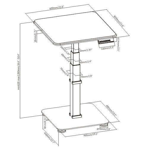 Technical drawing of the GetUpDesk Single electric desk, showcasing dimensions for height and tabletop, compact and versatile design.