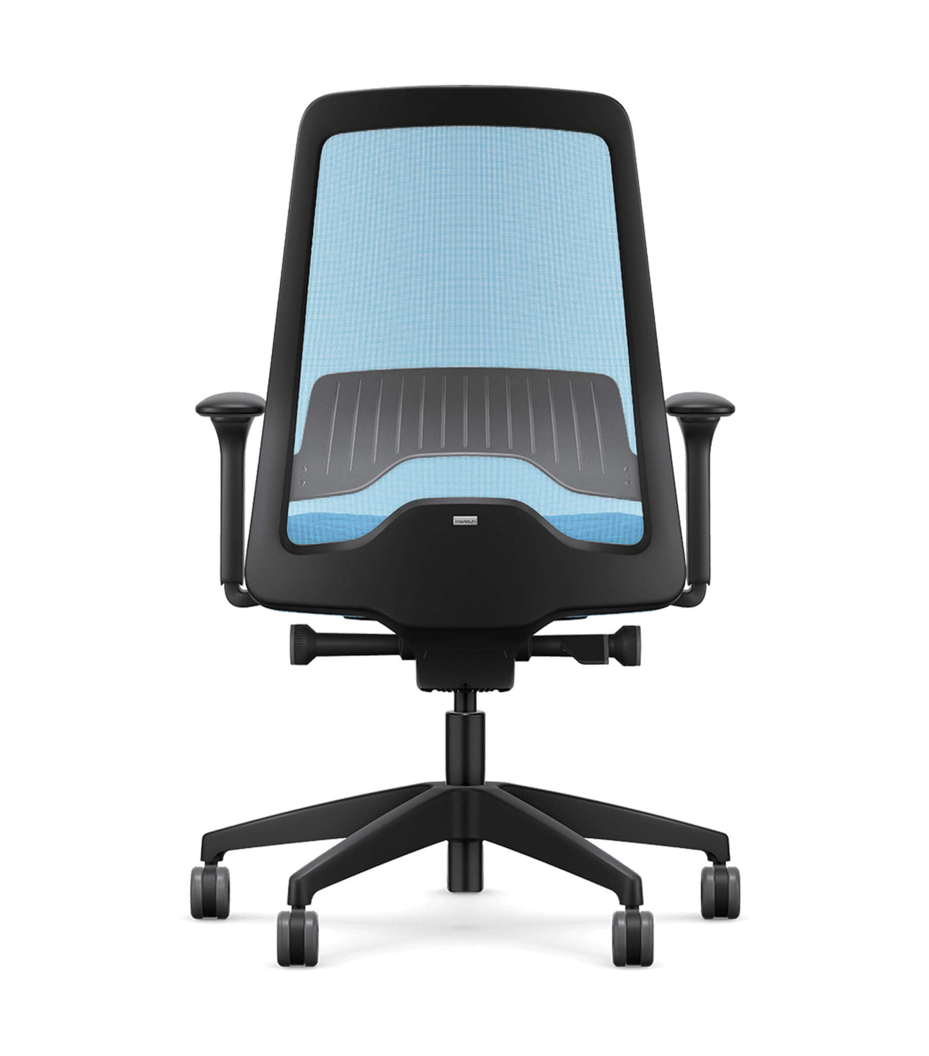 Ergonomic office chair with light blue mesh back and T-armrests featuring Flextech synchro mechanism for active sitting.