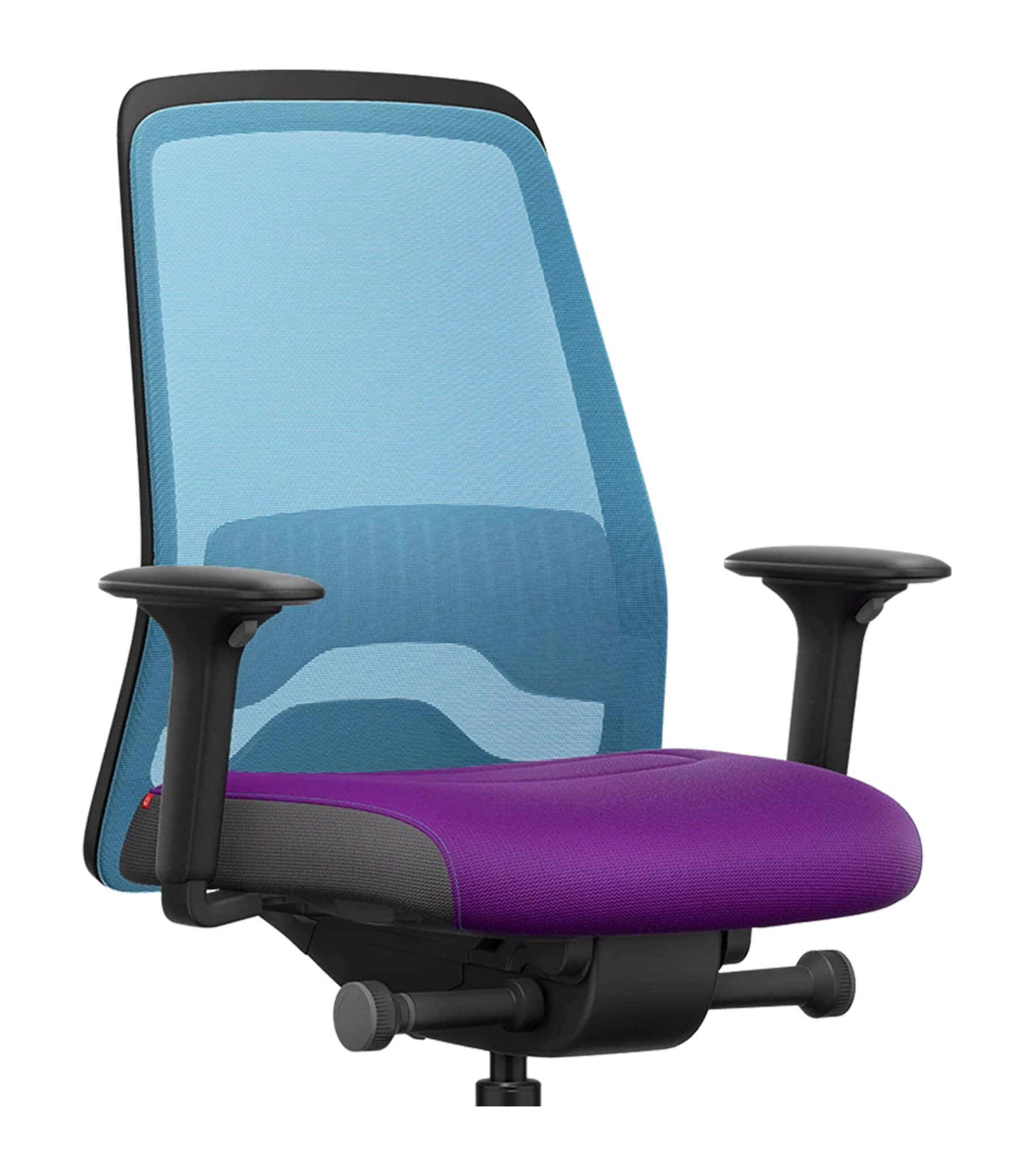 Ergonomic office chair with light blue mesh back, purple seat, and adjustable T-armrests for active sitting and enhanced comfort.