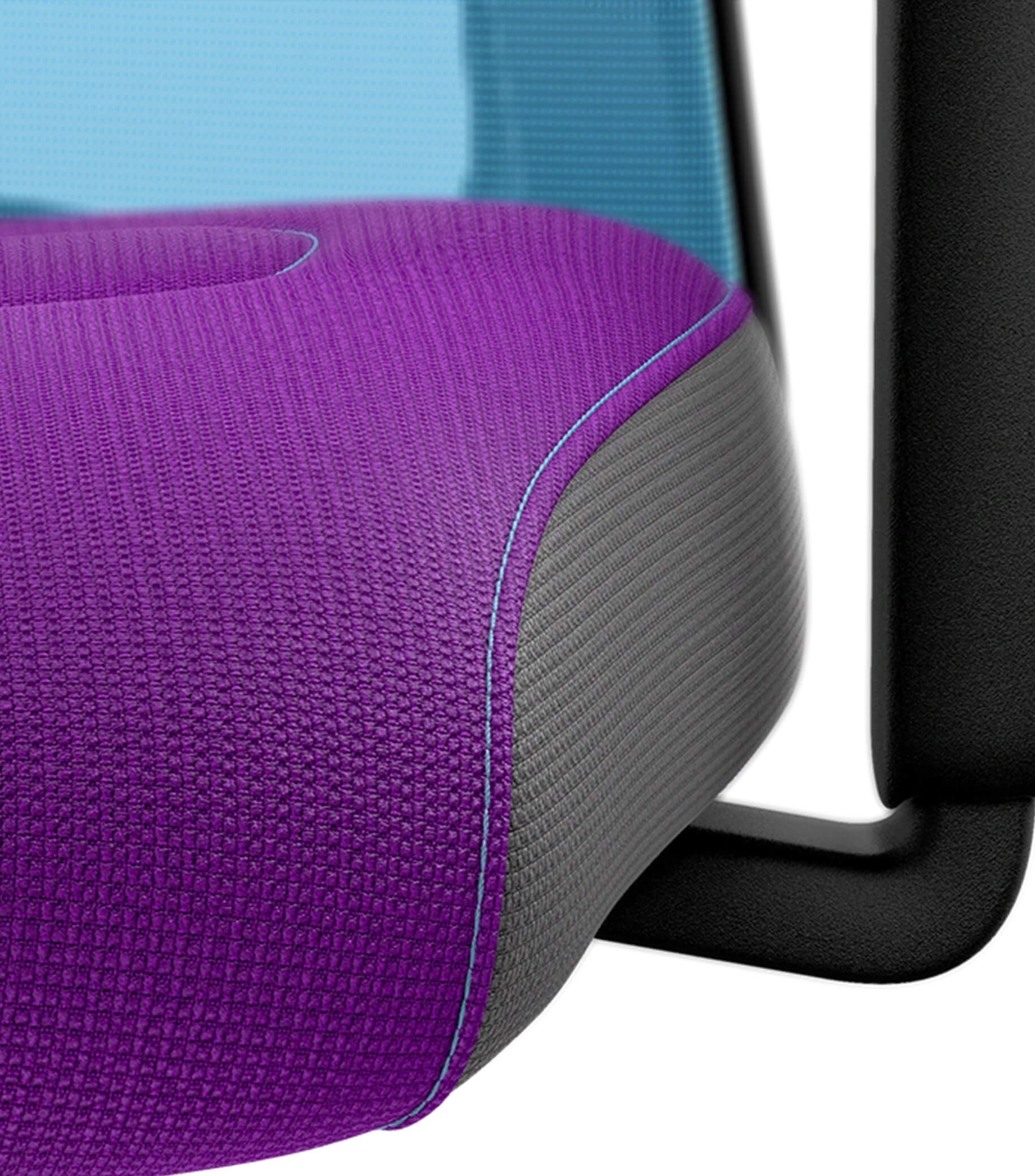 Ergonomic chair with light blue mesh back and purple cushion, featuring Flextech synchro mechanism for improved posture.