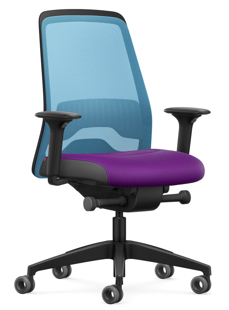 Light blue mesh-back office chair with T-armrests and purple seat featuring Flextech synchro mechanism for ergonomic sitting.