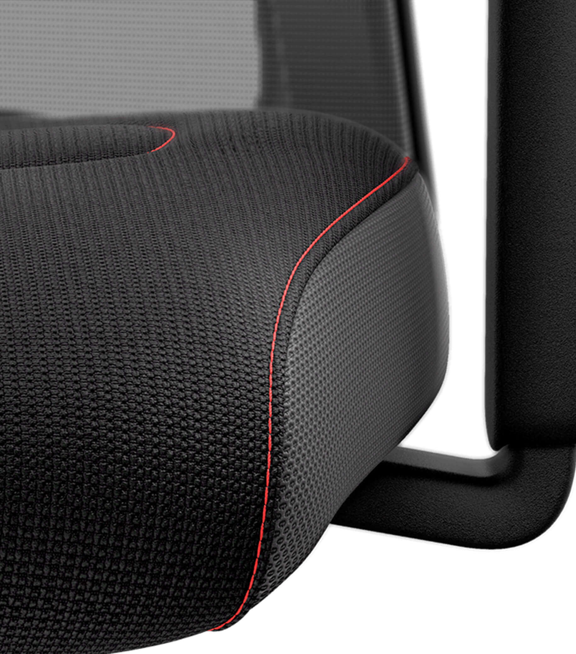 Close-up of EVERY ACTIVE Edition #12 chair with Flextech synchro mechanism, showcasing black fabric and red stitching detail.