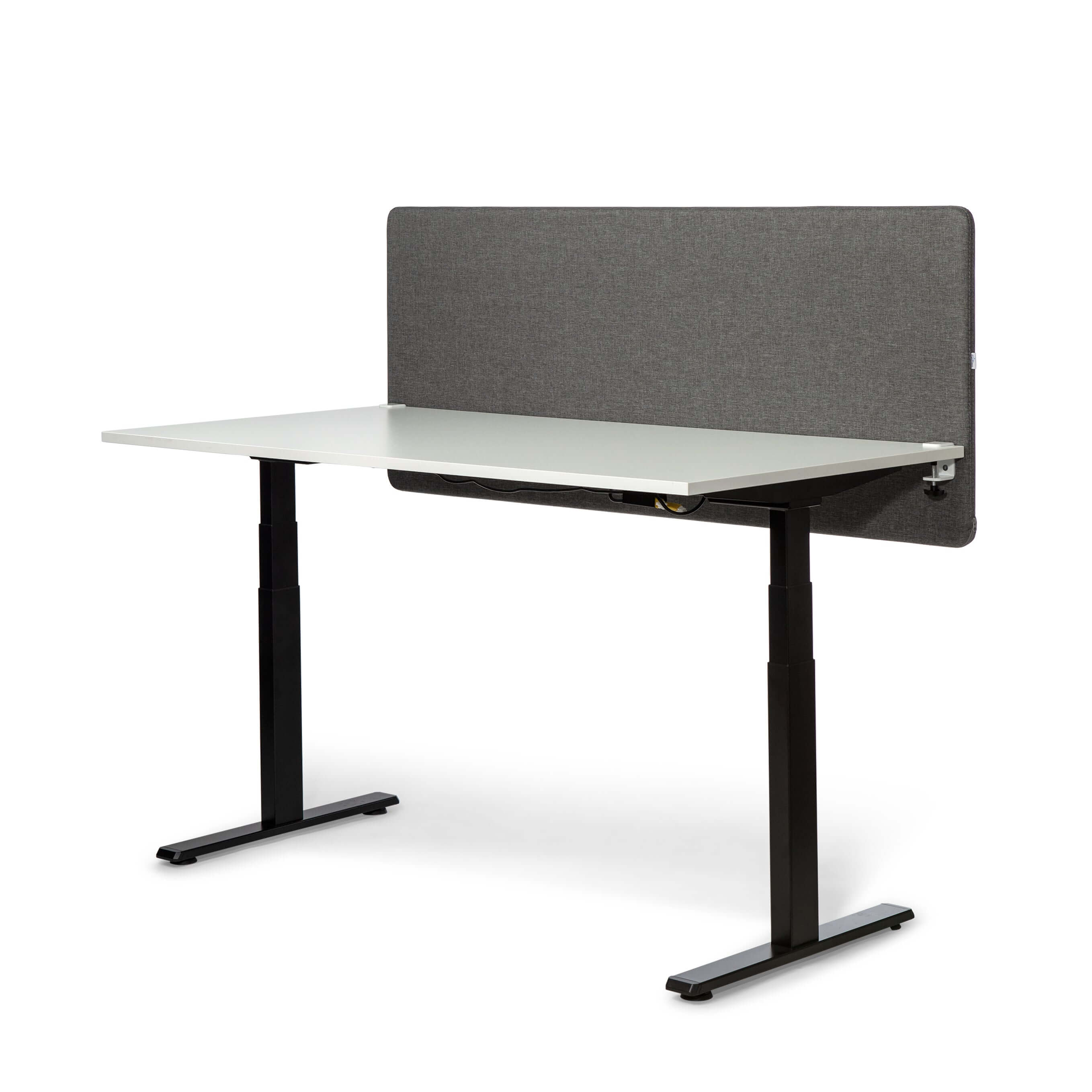 Grey soundproof desk screen 1400x650 mm for improved focus and privacy in office workspace.