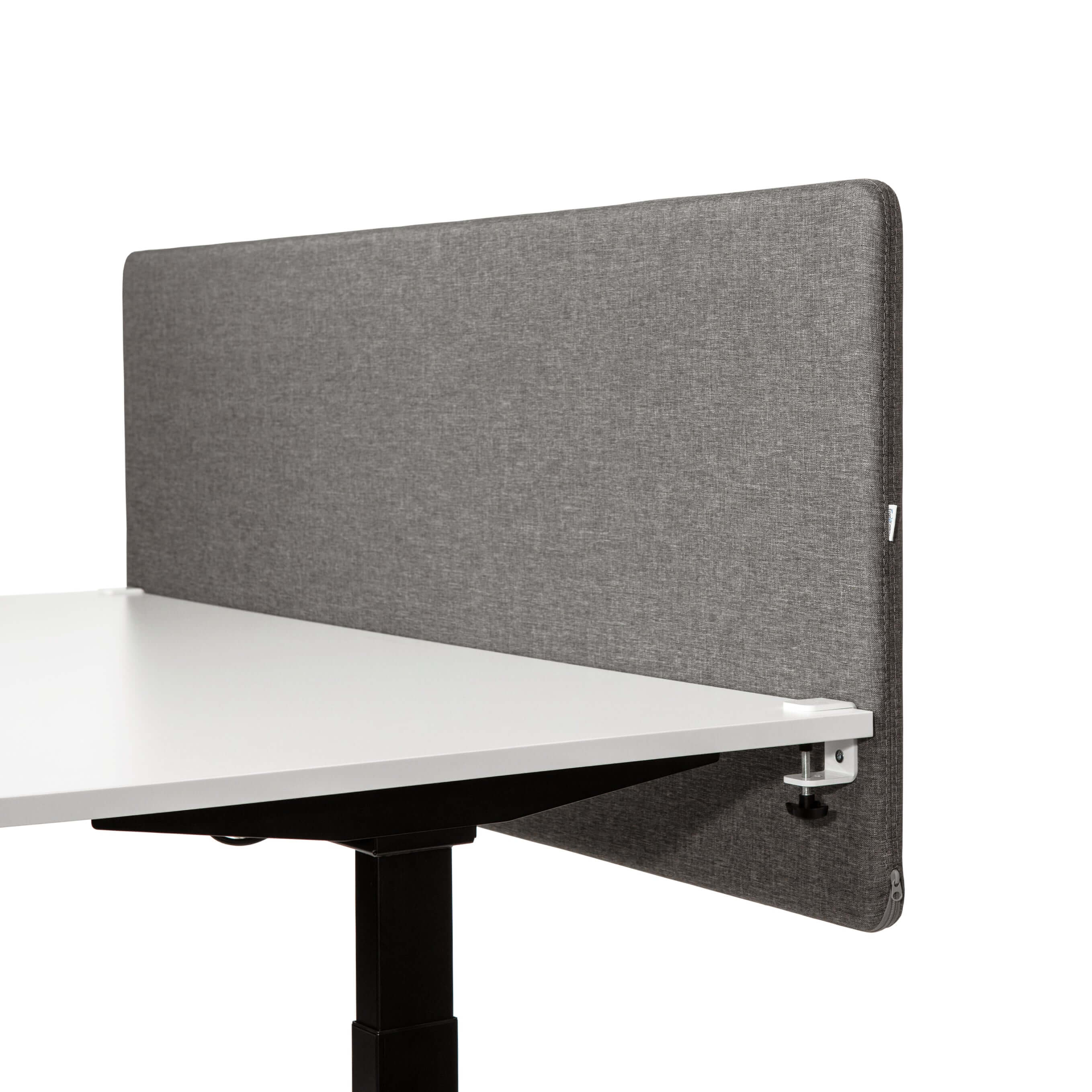 Grey soundproof desk-mounted screen 2000x650mm for privacy and focus in open office environments; Savio 09 model.