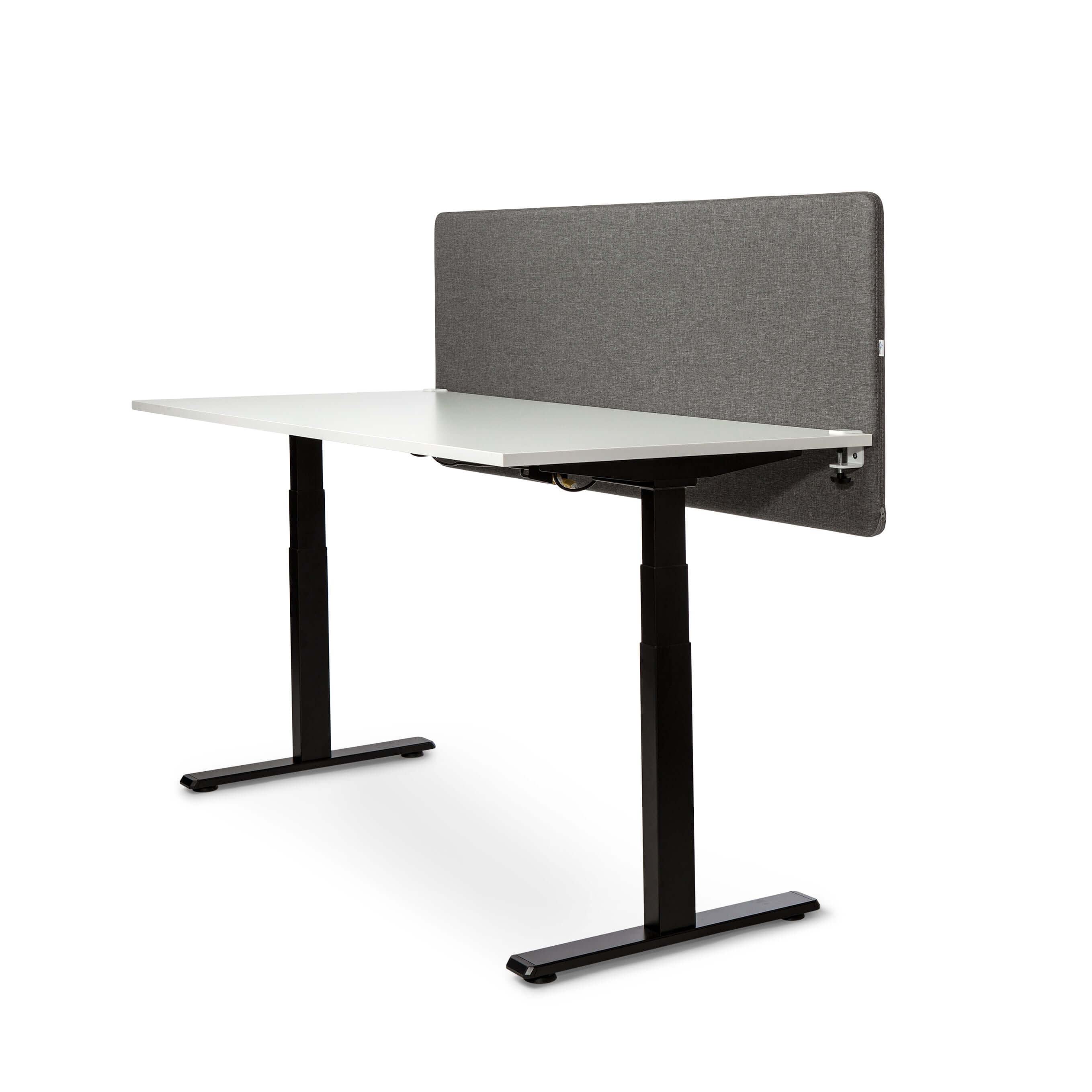 Grey soundproof desk screen, 2000x800 mm, mounted on a modern desk, enhancing workspace privacy and productivity.