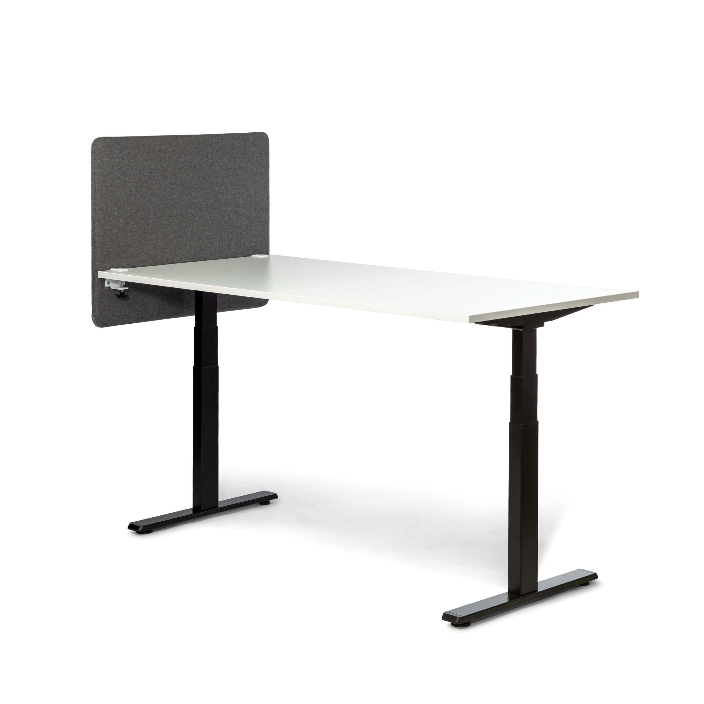 Grey soundproof desk screen 800x650 mm on white desk, enhances privacy and productivity in open office workspaces.