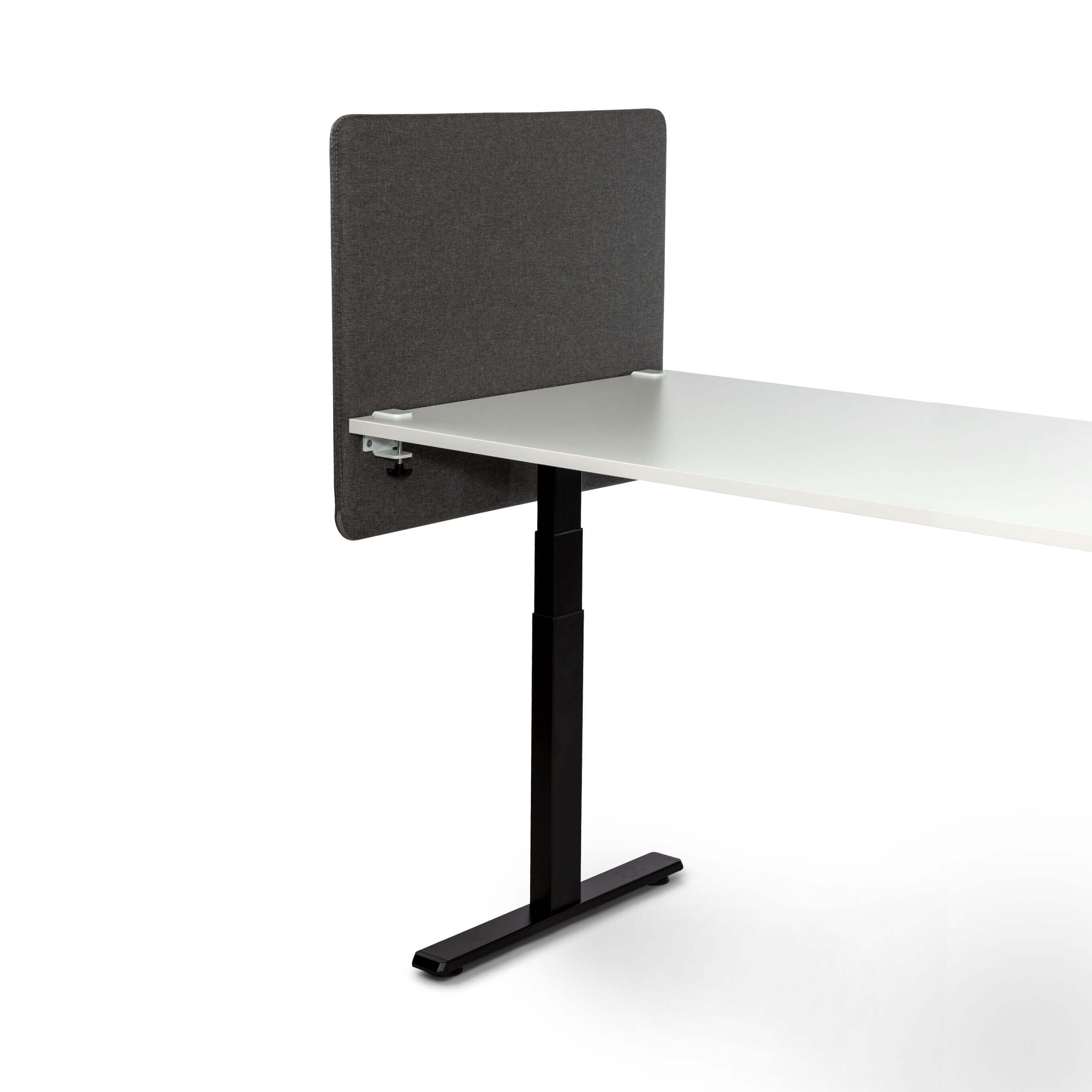 Grey soundproof desk screen 800x650mm mounted on white desk, enhancing privacy and focus in workspace.