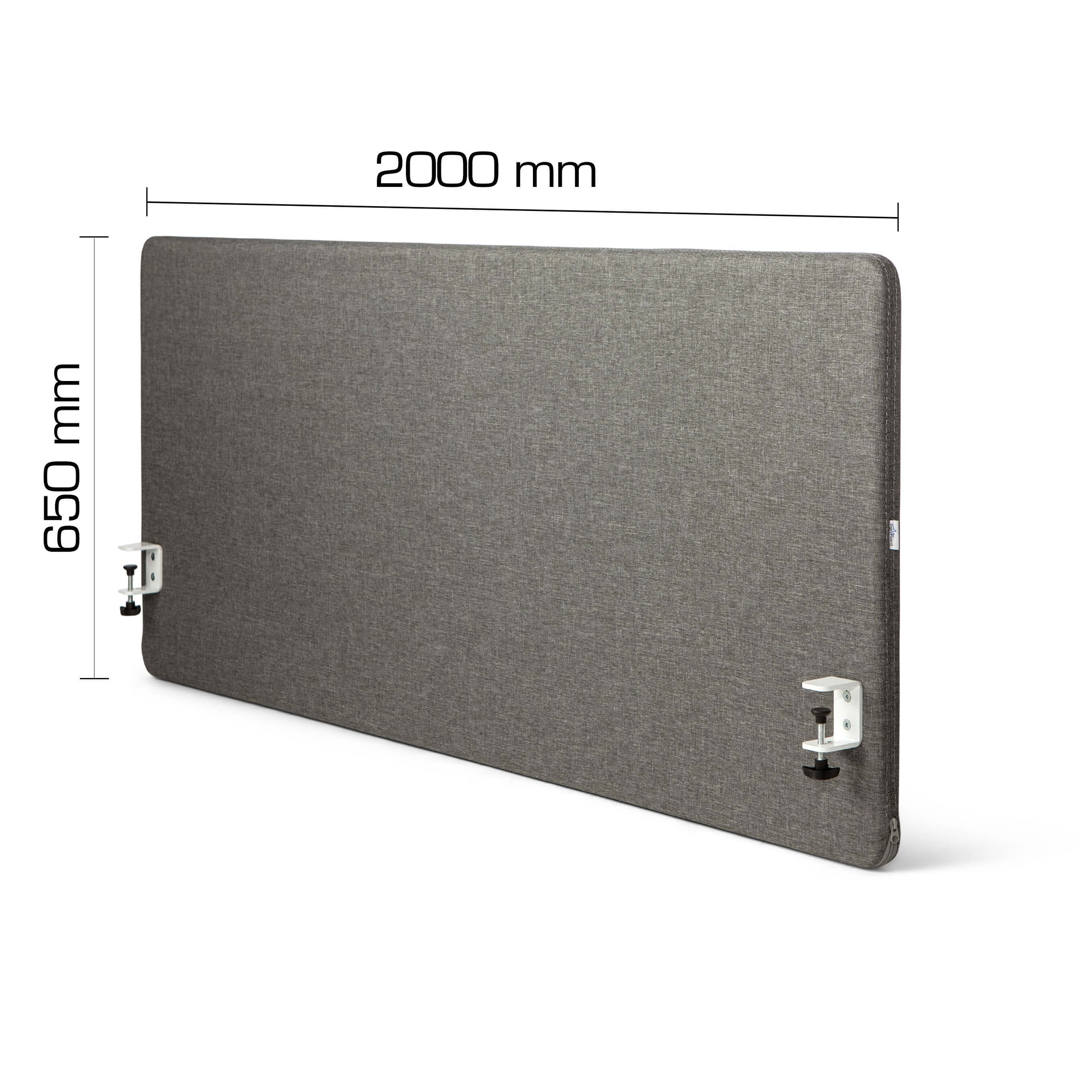 Grey soundproof screen 2000x650mm for desk, enhances workspace privacy and focus. Model Savio 09.