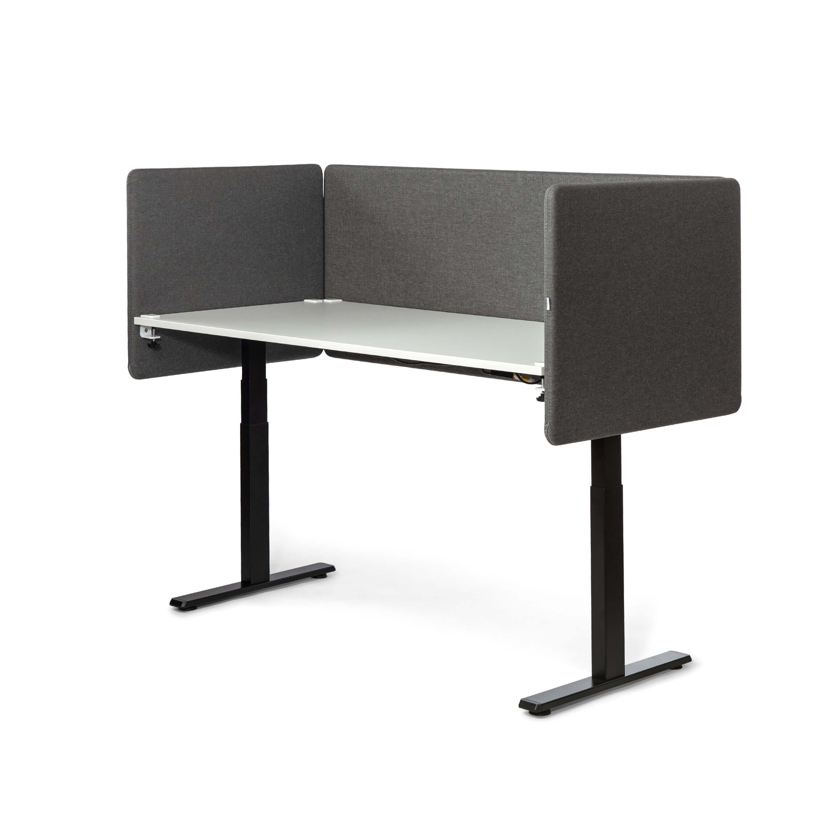 Grey soundproof desk screen Savio 09 for privacy and focus in open office environments.