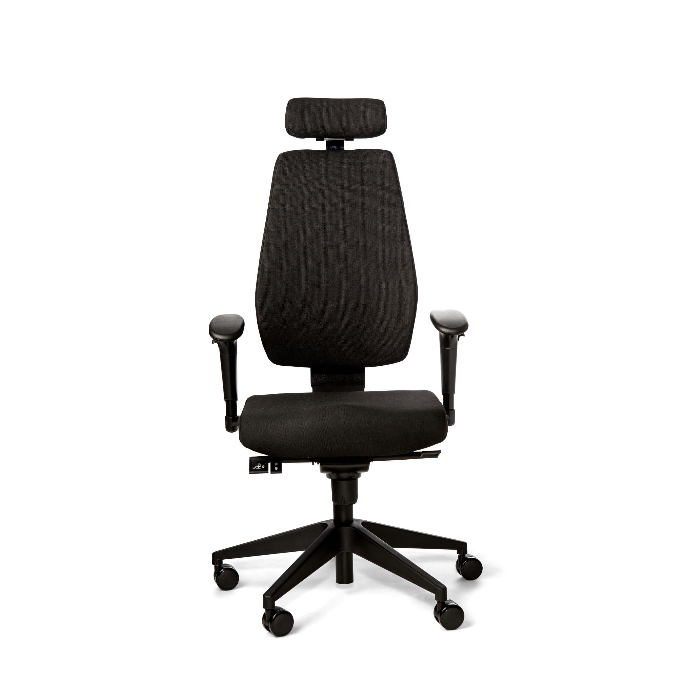 Black Joonatan light office chair with adjustable headrest and ergonomic design for comfortable sitting posture.