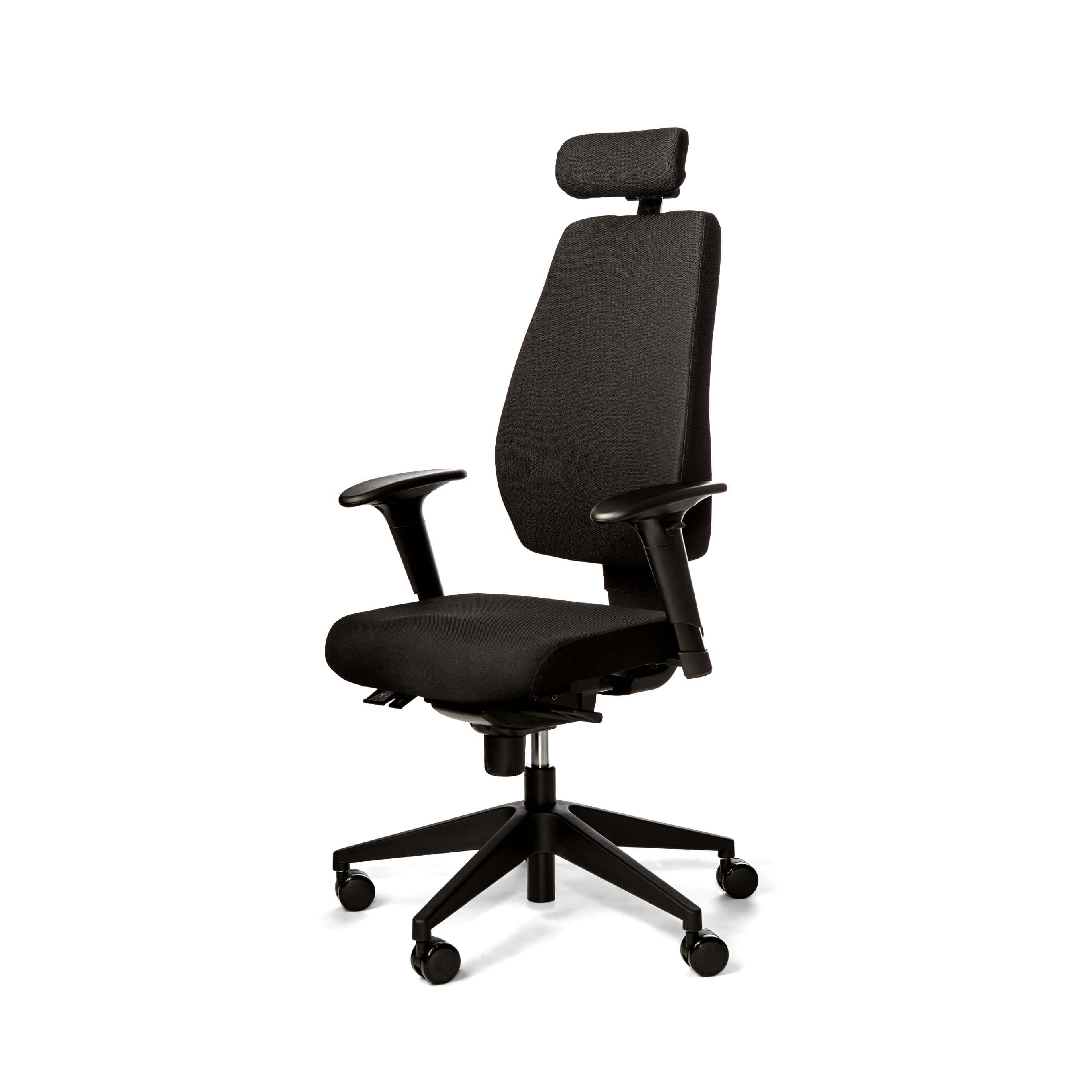 Black Joonatan light office chair with adjustable features and Donati mechanism for ergonomic support in work environments.